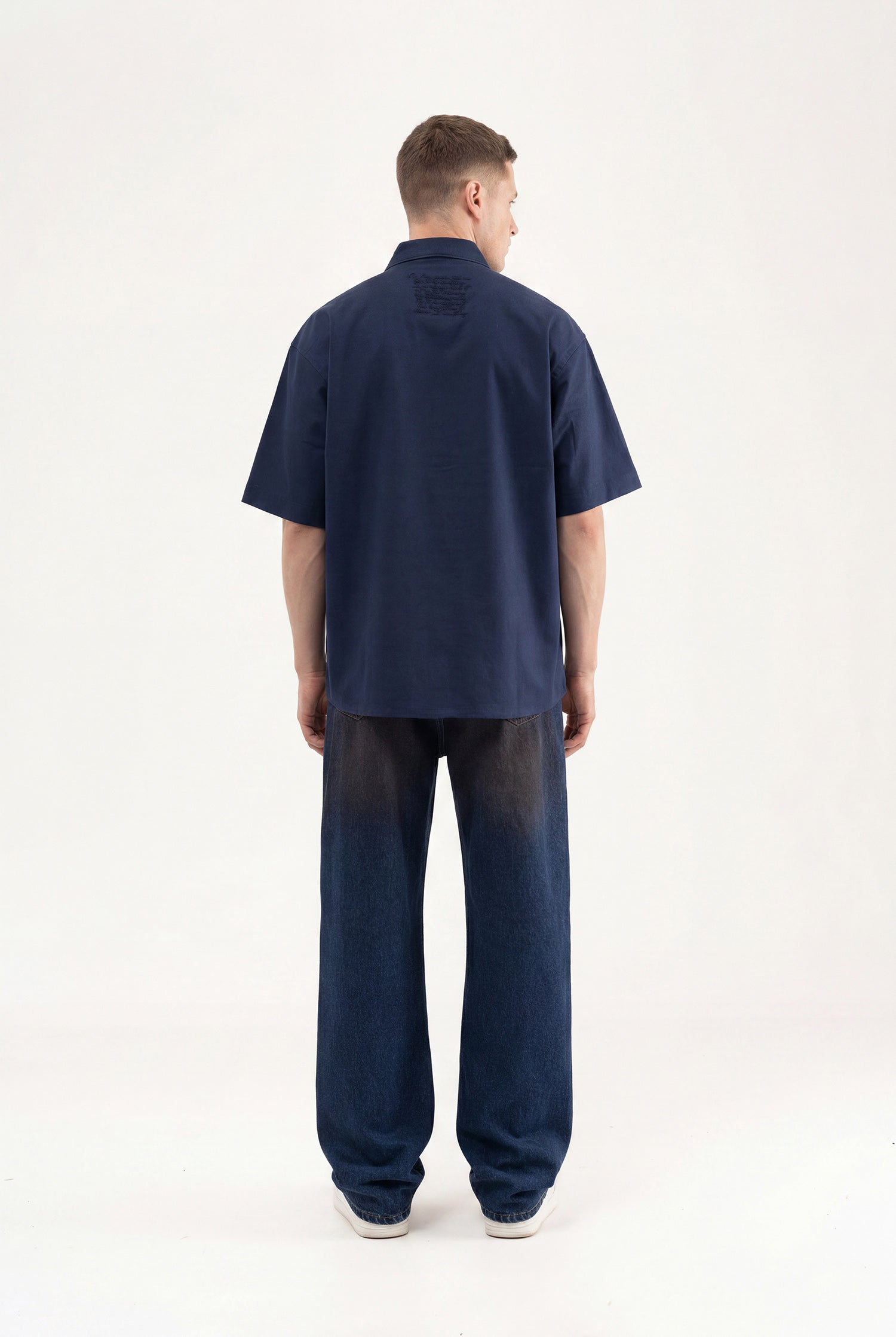 Erkek Çiçek Nakışlı Oversize Gömlek Lacivert-5
