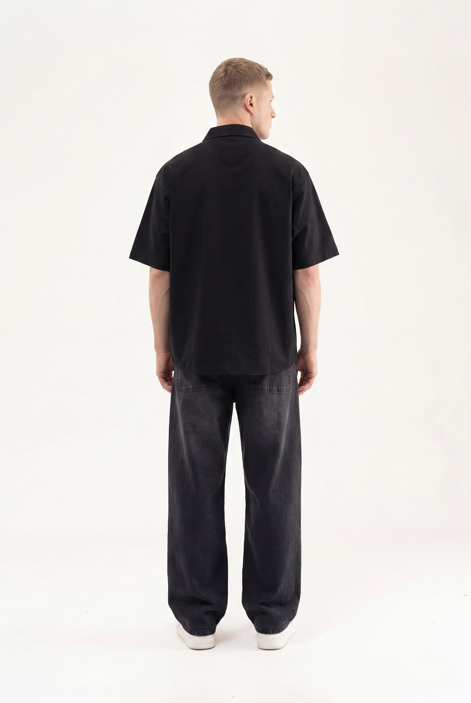 Erkek Çiçek Nakışlı Oversize Gömlek Siyah-5