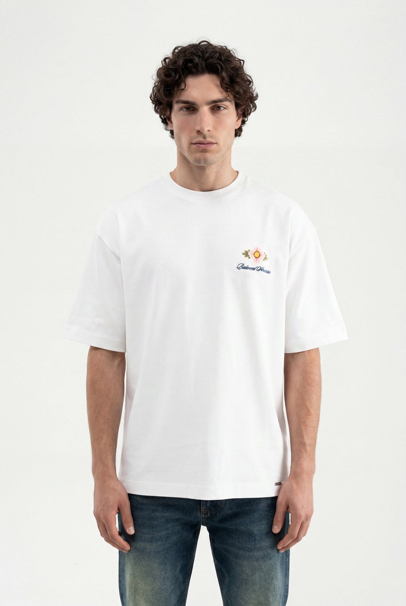 Erkek Çiçek Nakışlı Oversize Tişört Ekru