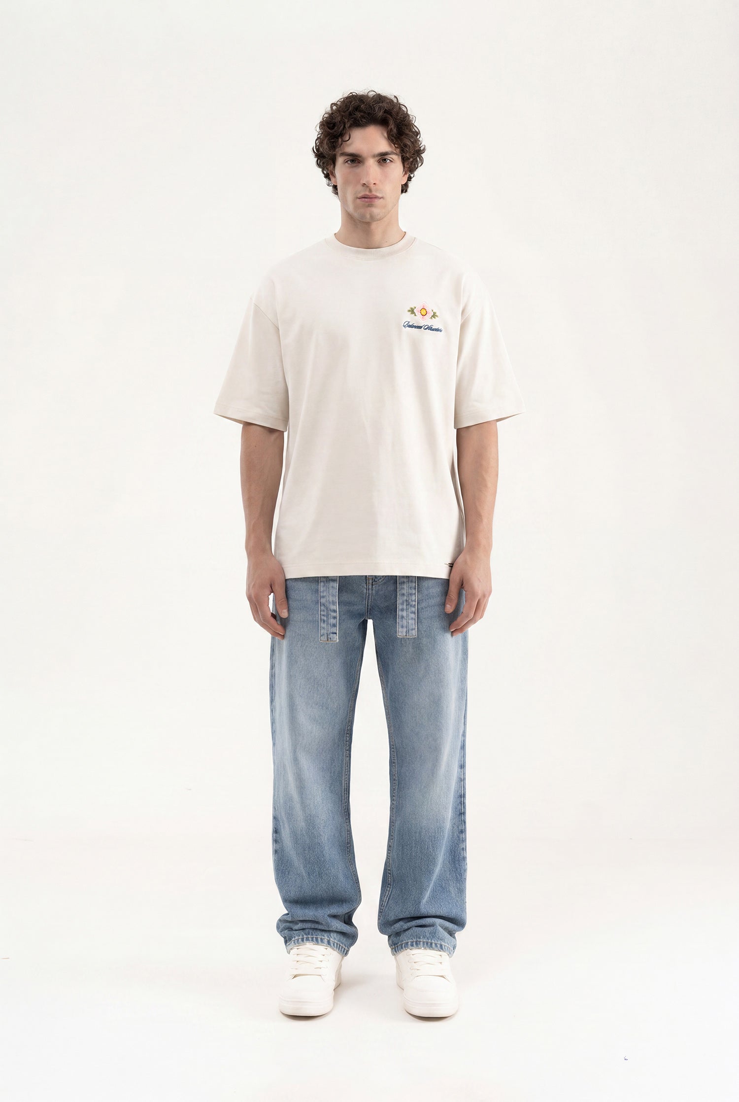 Erkek Çiçek Nakışlı Oversize Tişört Uzay Grisi-4