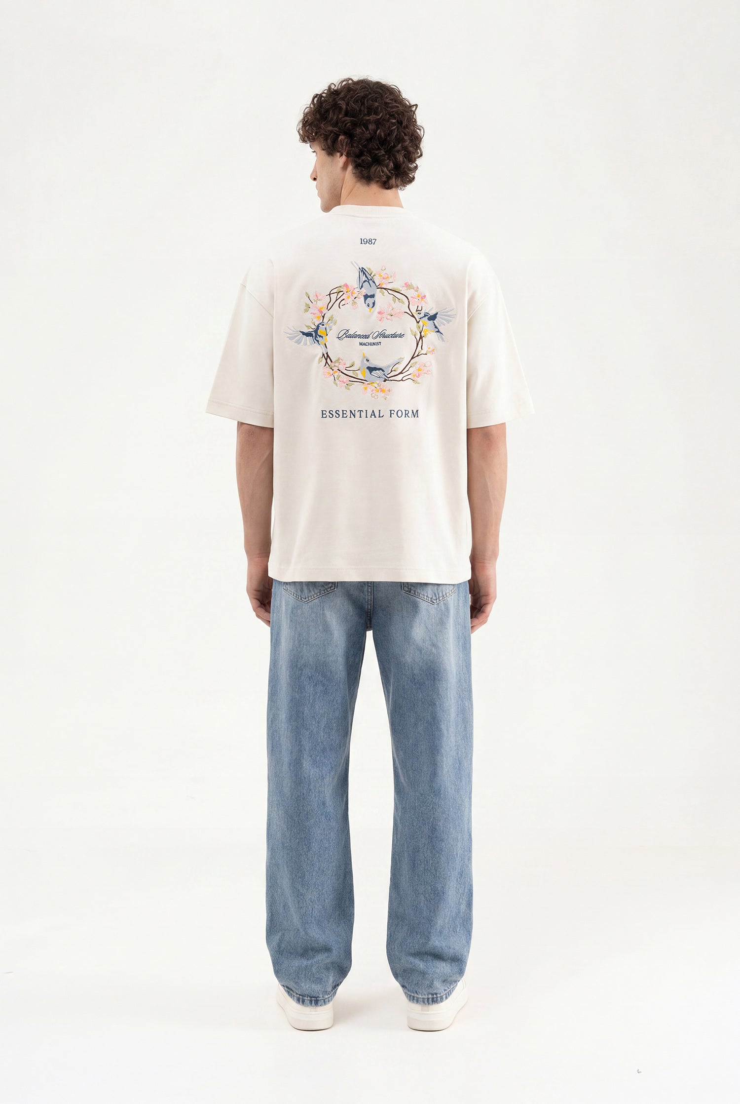 Erkek Çiçek Nakışlı Oversize Tişört Uzay Grisi-5