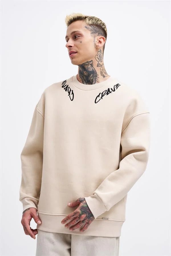 Erkek Collar Embroidery Detail Sweatshirt Açık Bej