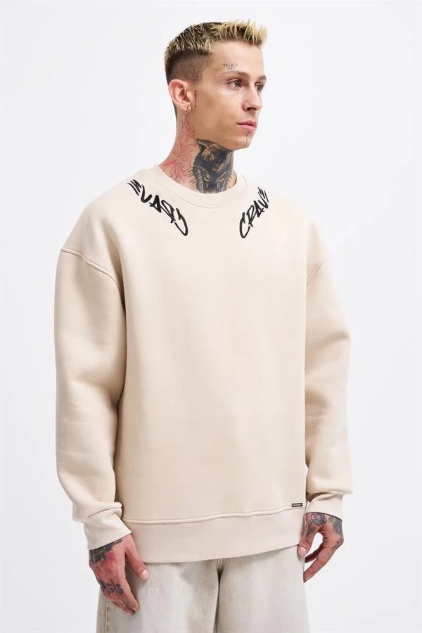 Erkek Collar Embroidery Detail Sweatshirt Açık Bej