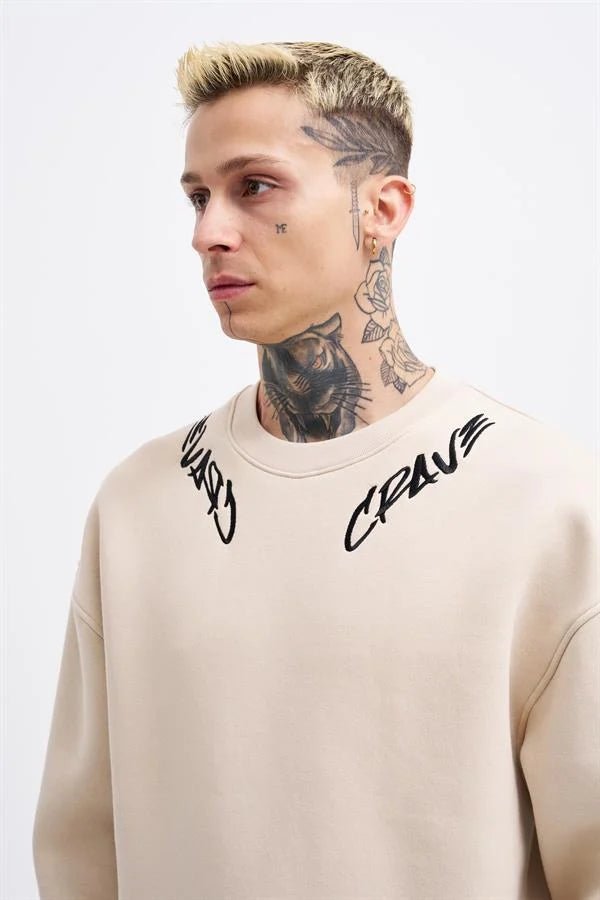 Erkek Collar Embroidery Detail Sweatshirt Açık Bej