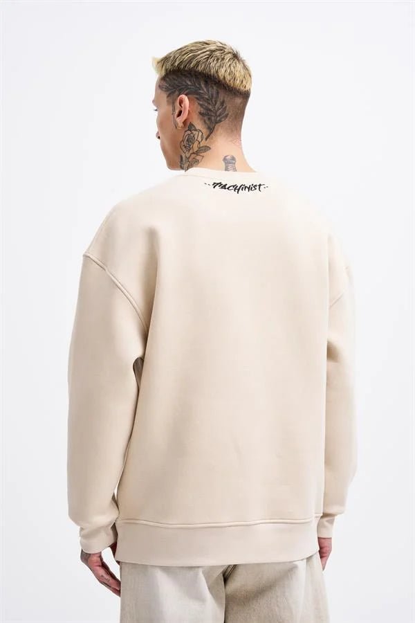 Erkek Collar Embroidery Detail Sweatshirt Açık Bej