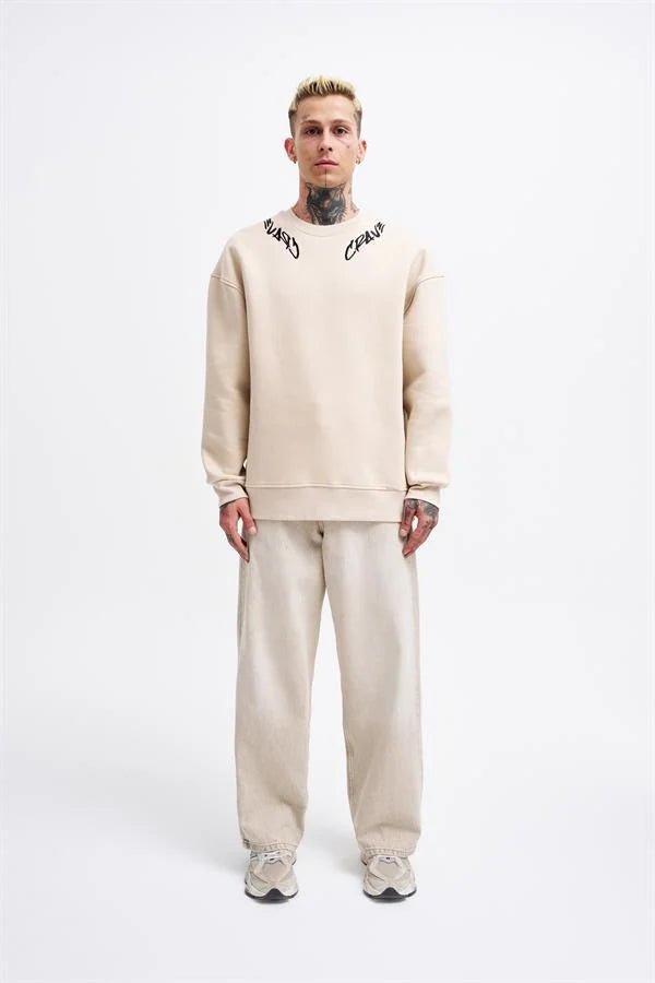 Erkek Collar Embroidery Detail Sweatshirt Açık Bej