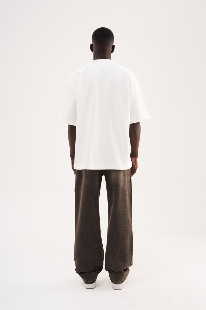 Erkek Collar Printed Oversize Tişört Ekru