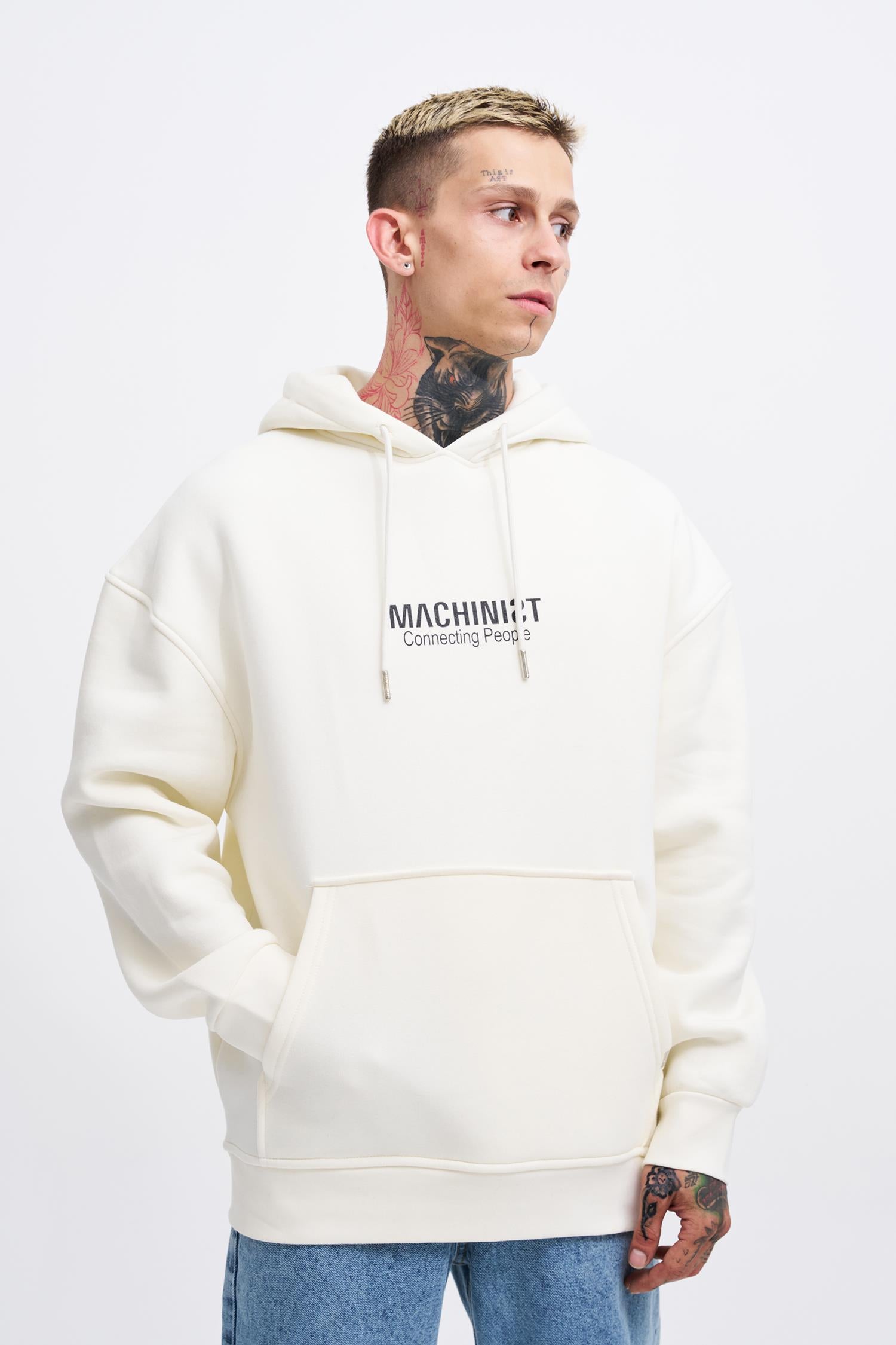 Erkek Connecting People Baskılı Kapüşonlu Sweatshirt Ekru