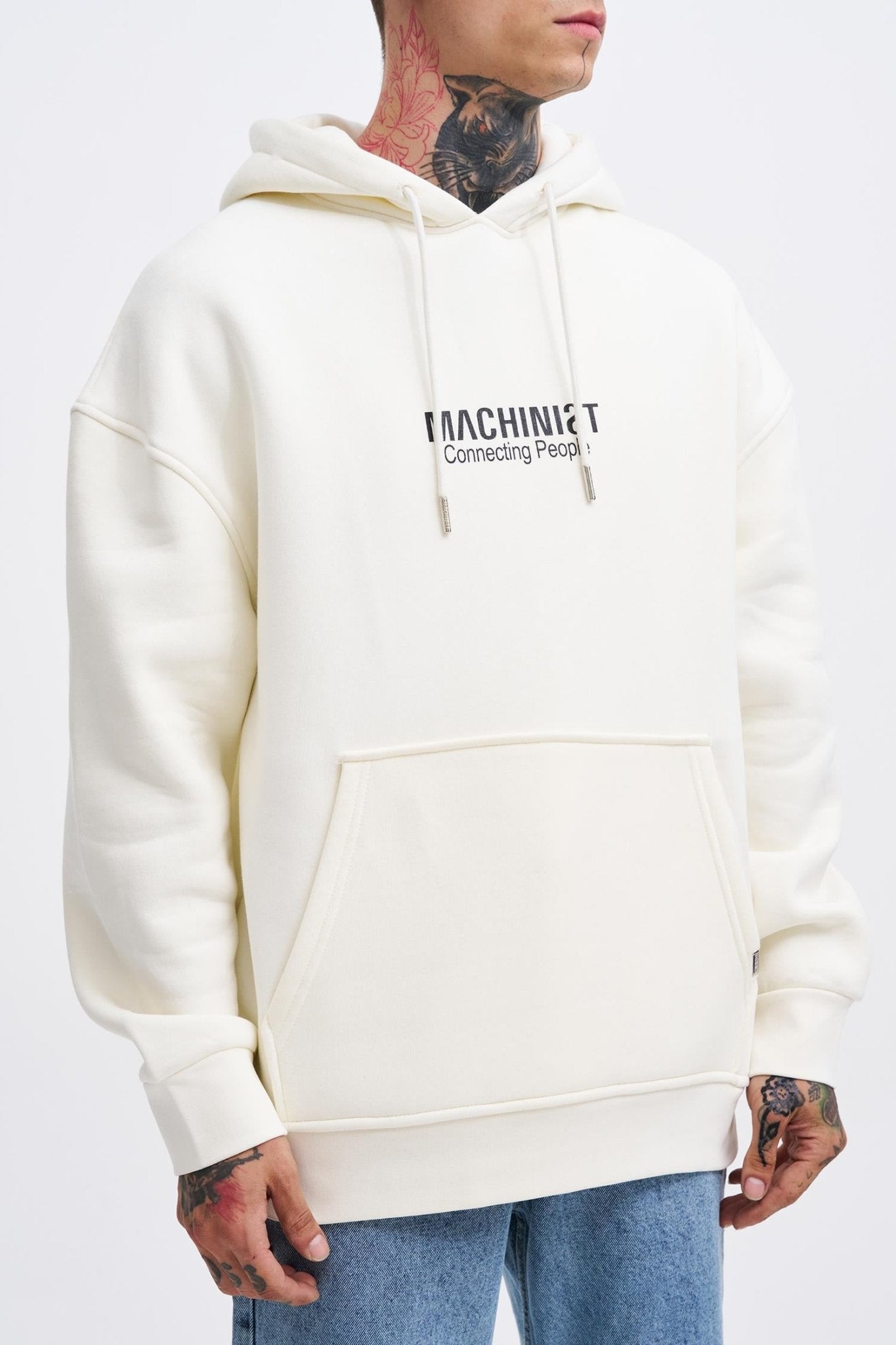 Erkek Connecting People Baskılı Kapüşonlu Sweatshirt Ekru