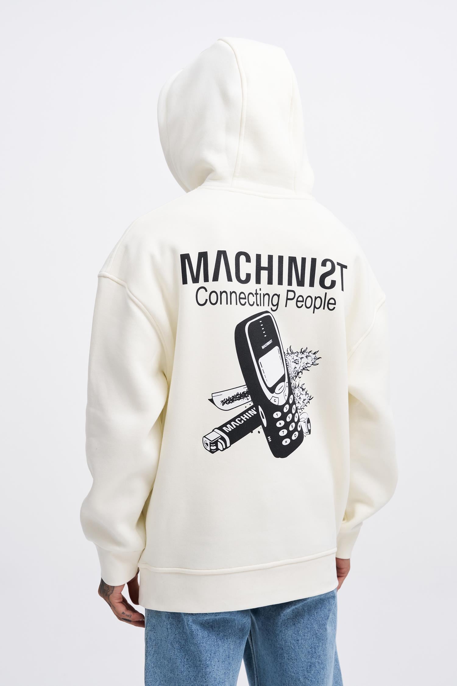 Erkek Connecting People Baskılı Kapüşonlu Sweatshirt Ekru