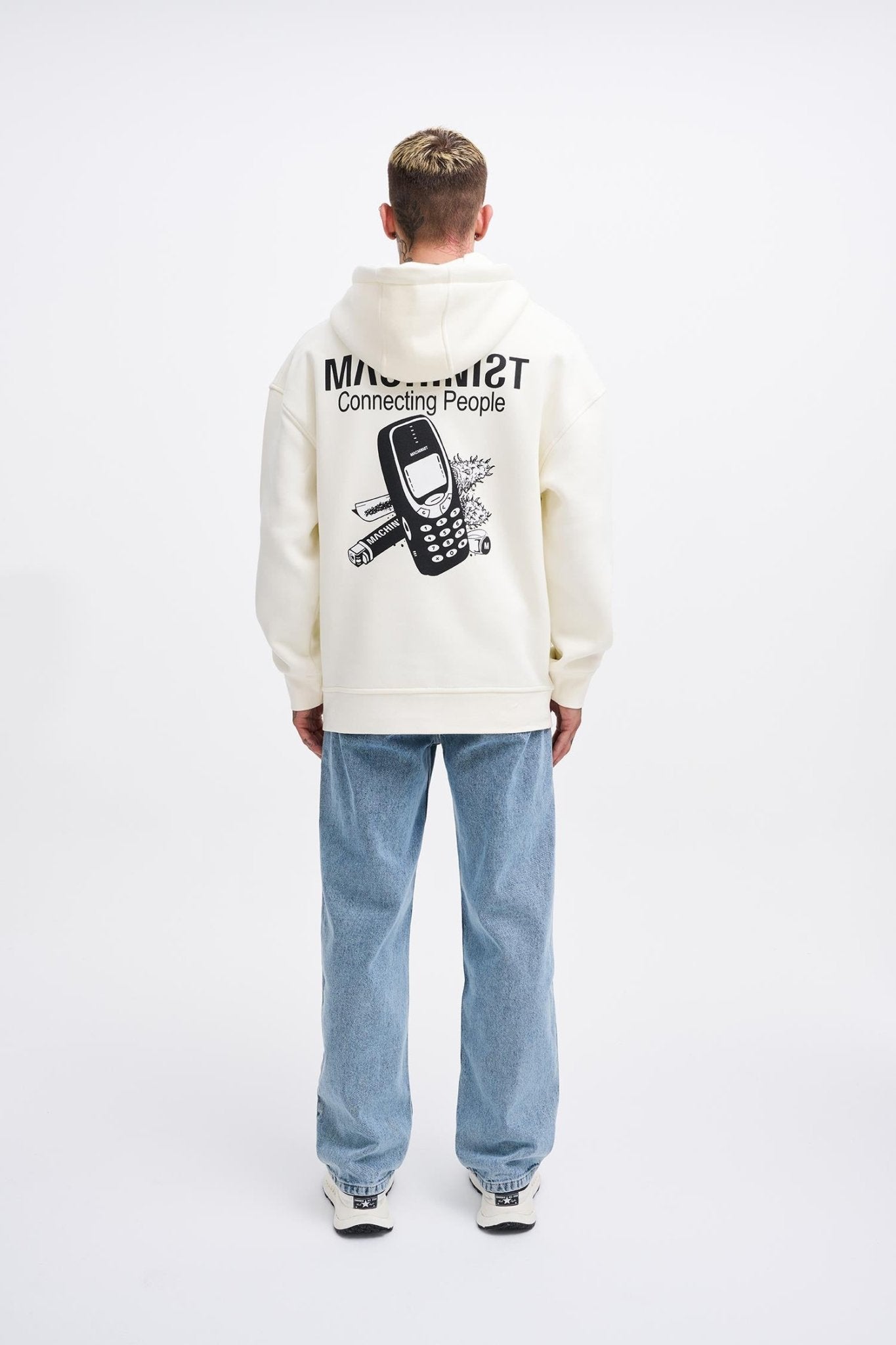 Erkek Connecting People Baskılı Kapüşonlu Sweatshirt Ekru
