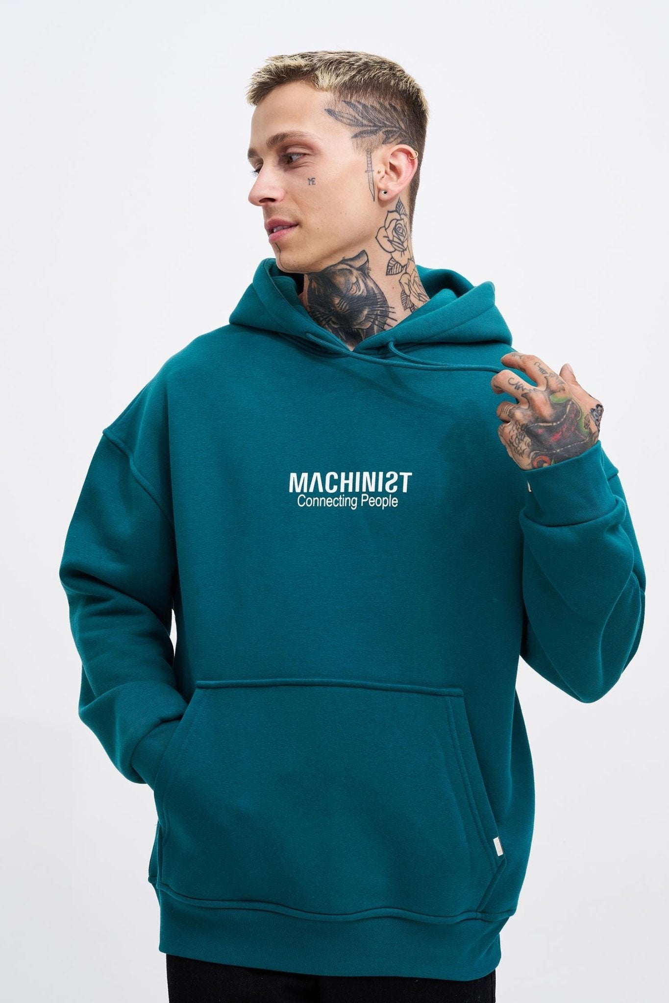 Erkek Connecting People Baskılı Kapüşonlu Sweatshirt Petrol Yeşili