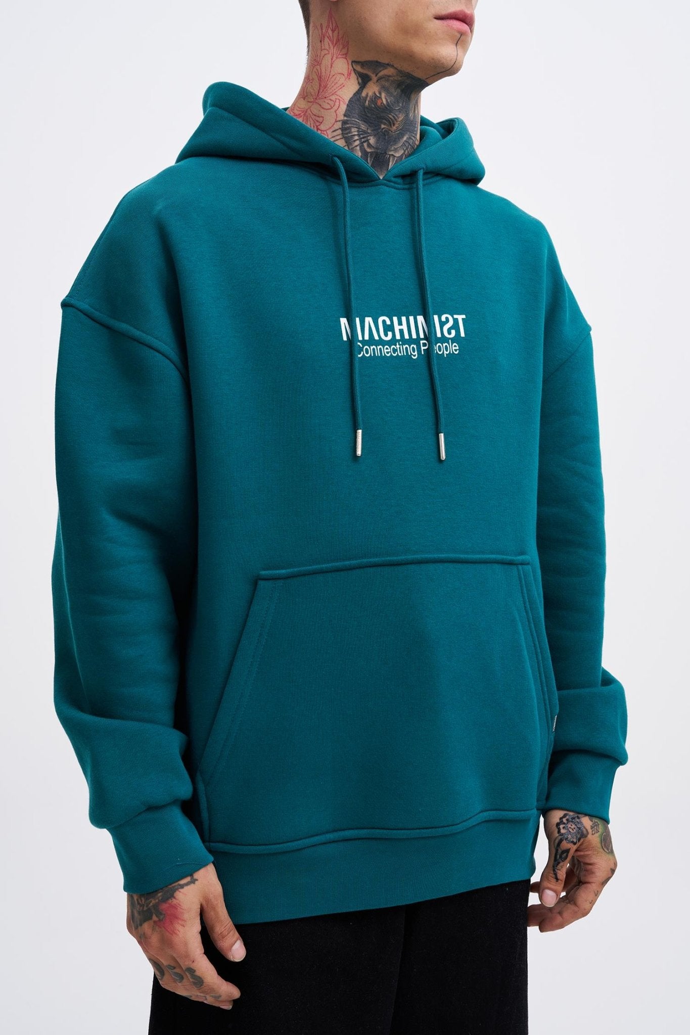 Erkek Connecting People Baskılı Kapüşonlu Sweatshirt Petrol Yeşili