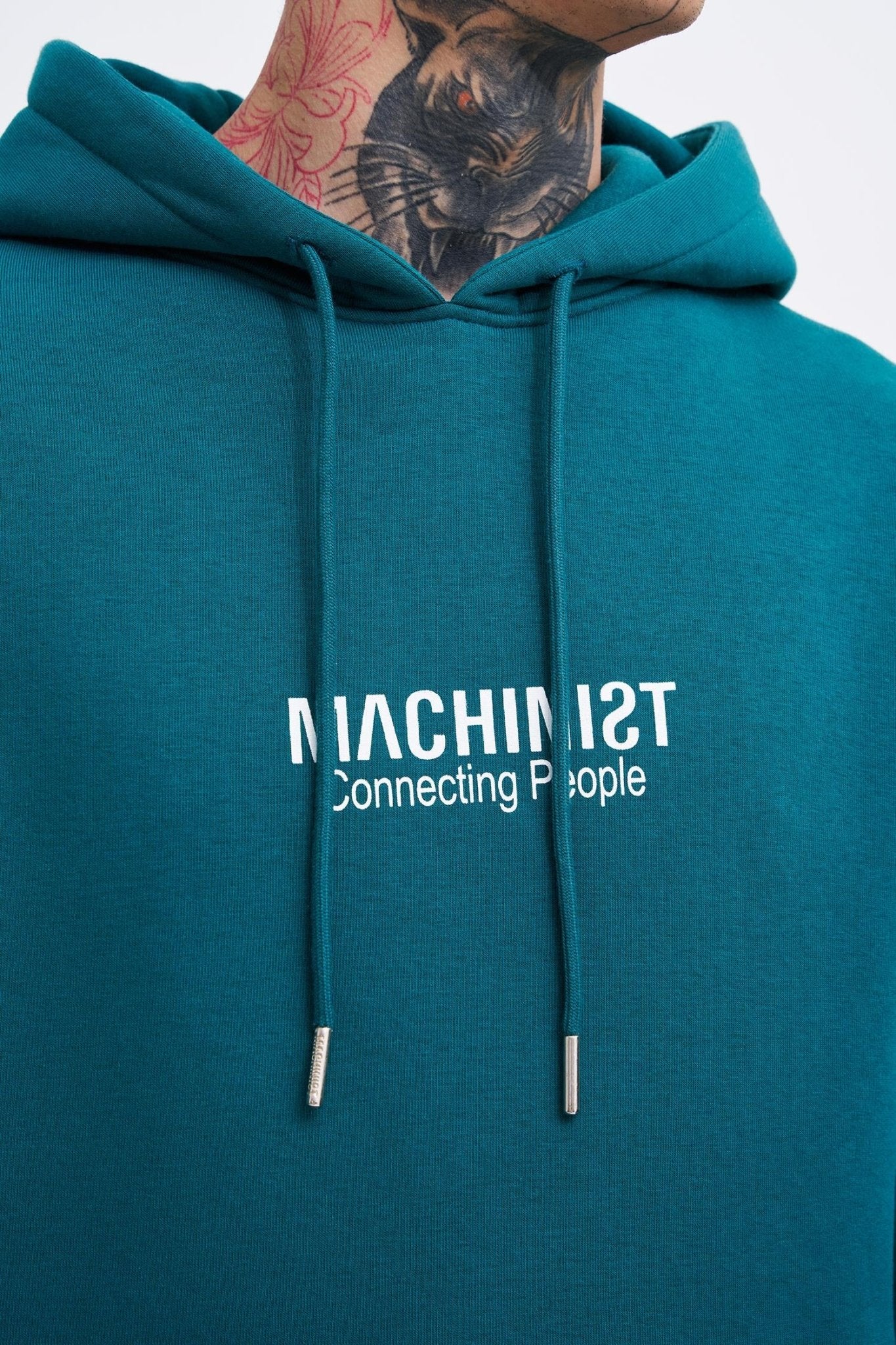 Erkek Connecting People Baskılı Kapüşonlu Sweatshirt Petrol Yeşili
