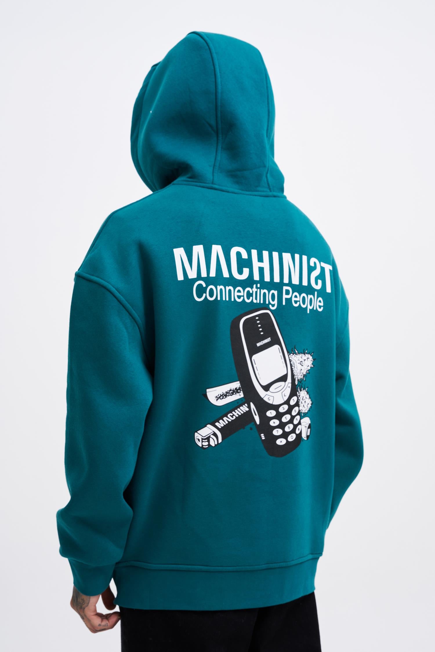Erkek Connecting People Baskılı Kapüşonlu Sweatshirt Petrol Yeşili