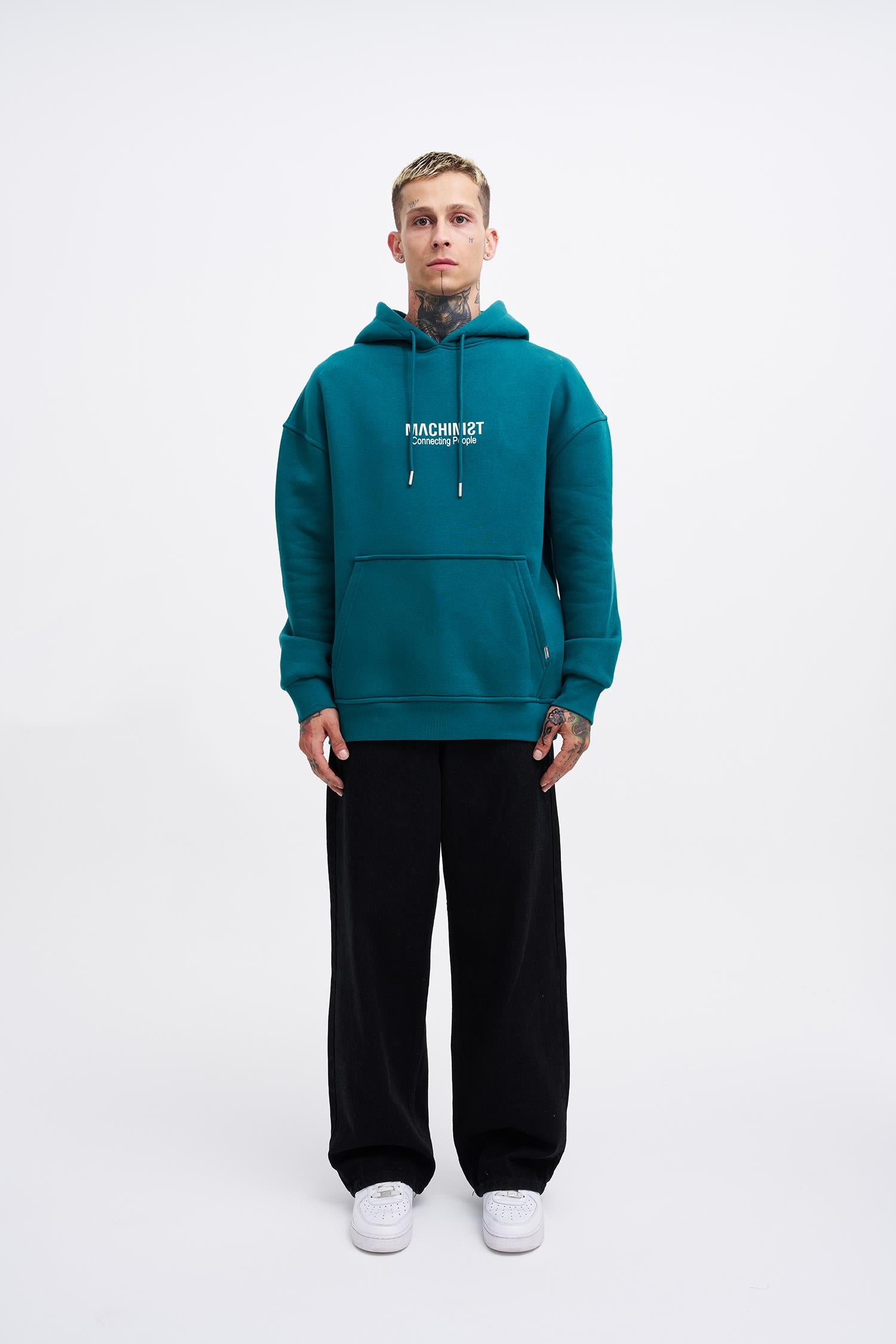Erkek Connecting People Baskılı Kapüşonlu Sweatshirt Petrol Yeşili