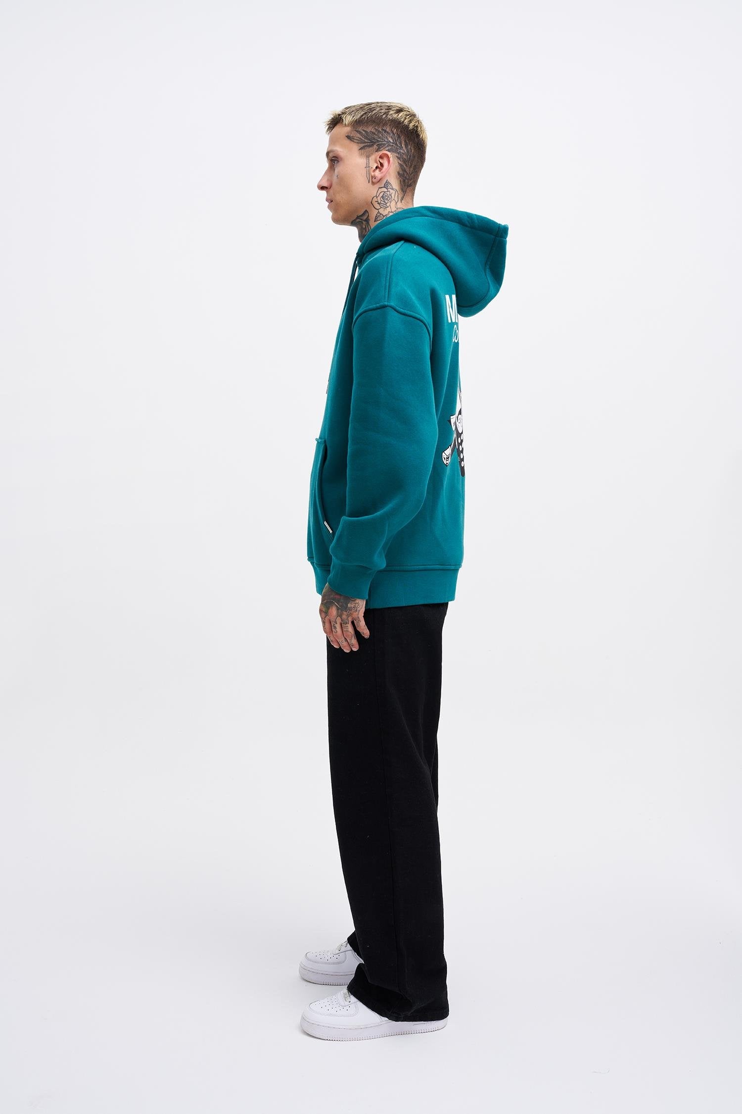 Erkek Connecting People Baskılı Kapüşonlu Sweatshirt Petrol Yeşili