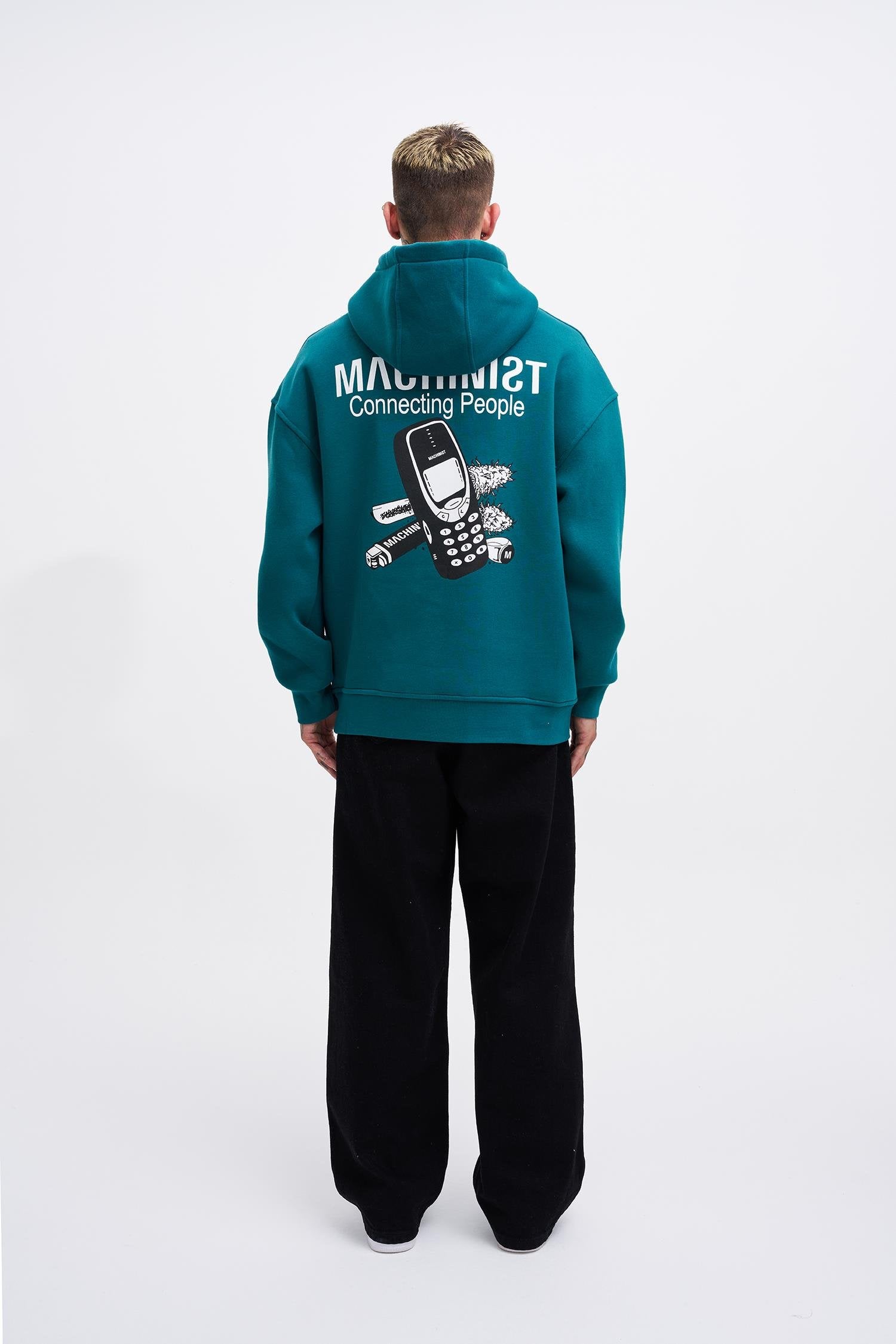 Erkek Connecting People Baskılı Kapüşonlu Sweatshirt Petrol Yeşili