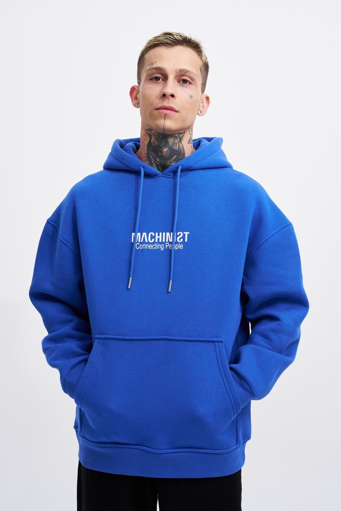 Erkek Connecting People Baskılı Kapüşonlu Sweatshirt Saks Mavi