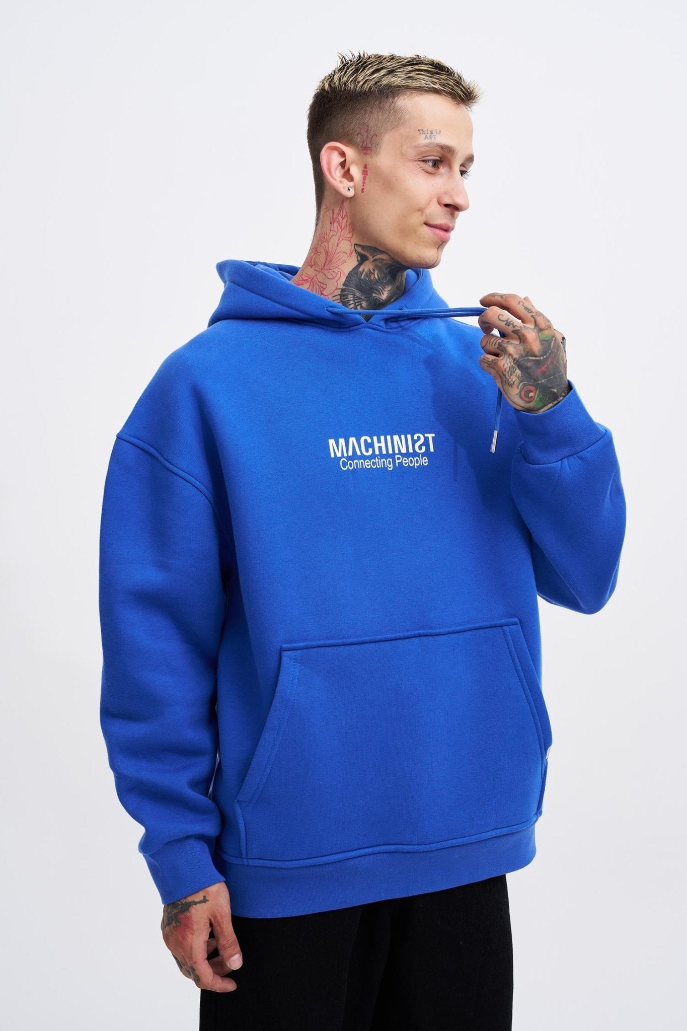 Erkek Connecting People Baskılı Kapüşonlu Sweatshirt Saks Mavi