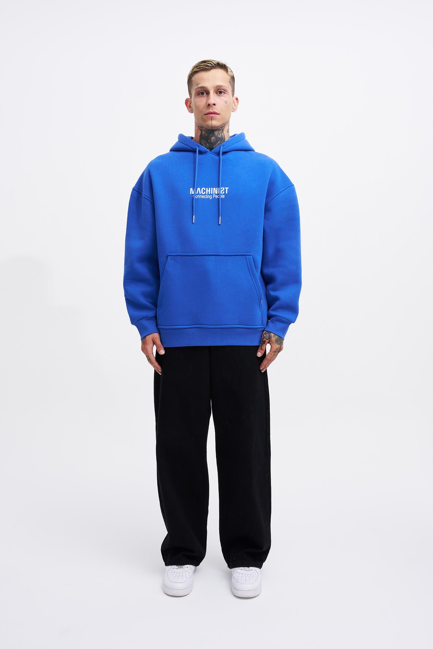 Erkek Connecting People Baskılı Kapüşonlu Sweatshirt Saks Mavi