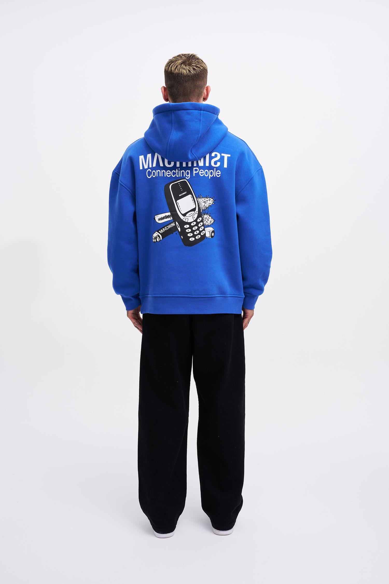 Erkek Connecting People Baskılı Kapüşonlu Sweatshirt Saks Mavi