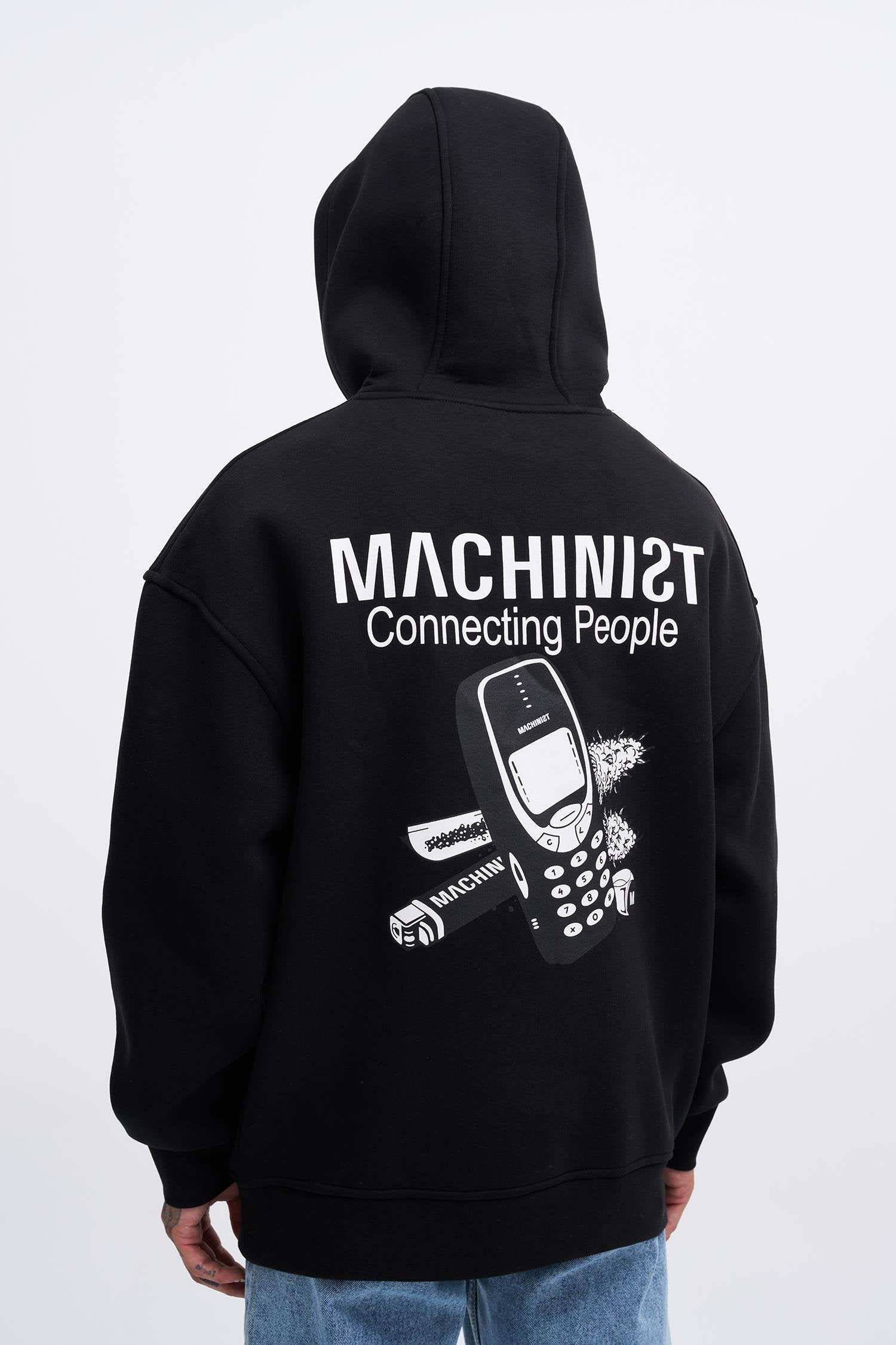 Erkek Connecting People Baskılı Kapüşonlu Sweatshirt Siyah
