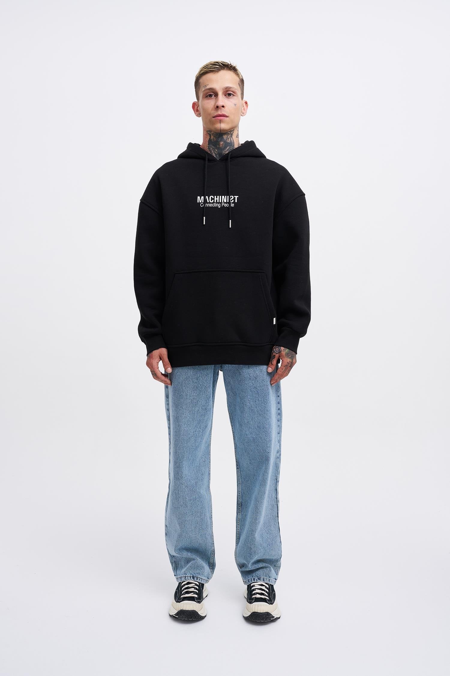 Erkek Connecting People Baskılı Kapüşonlu Sweatshirt Siyah