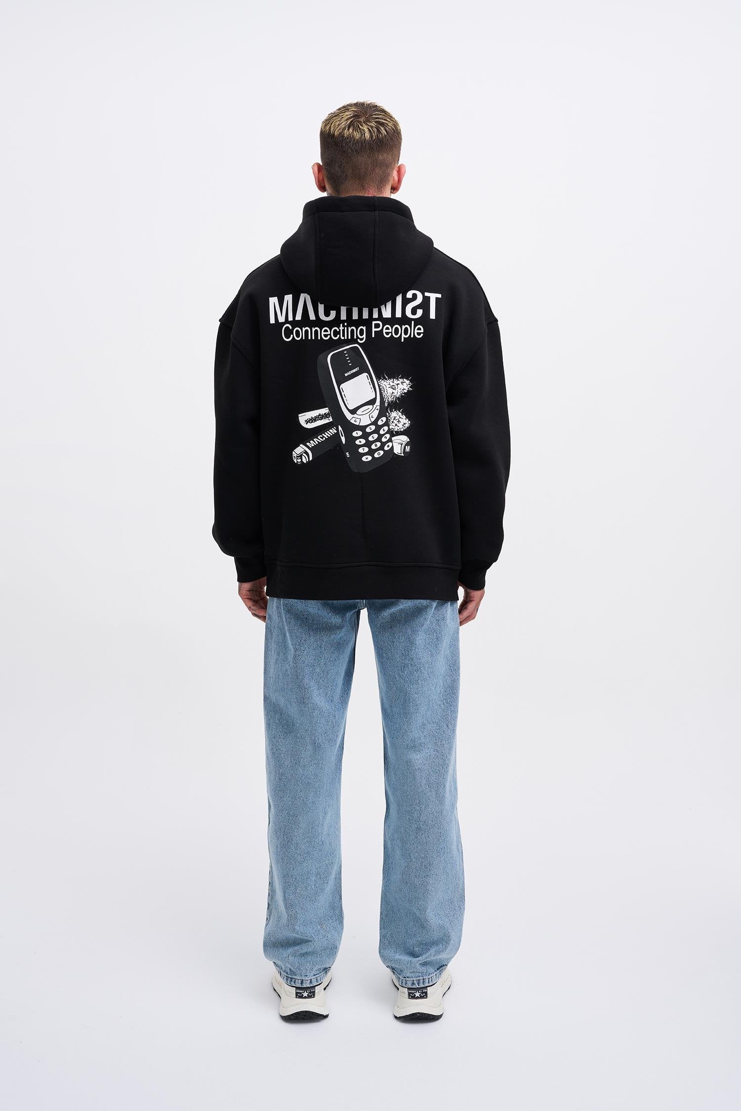 Erkek Connecting People Baskılı Kapüşonlu Sweatshirt Siyah