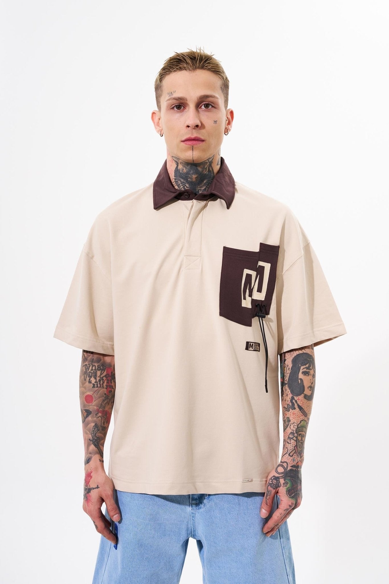 Erkek Constrast Pocket Oversize Polo Yaka Tişört Açık Bej
