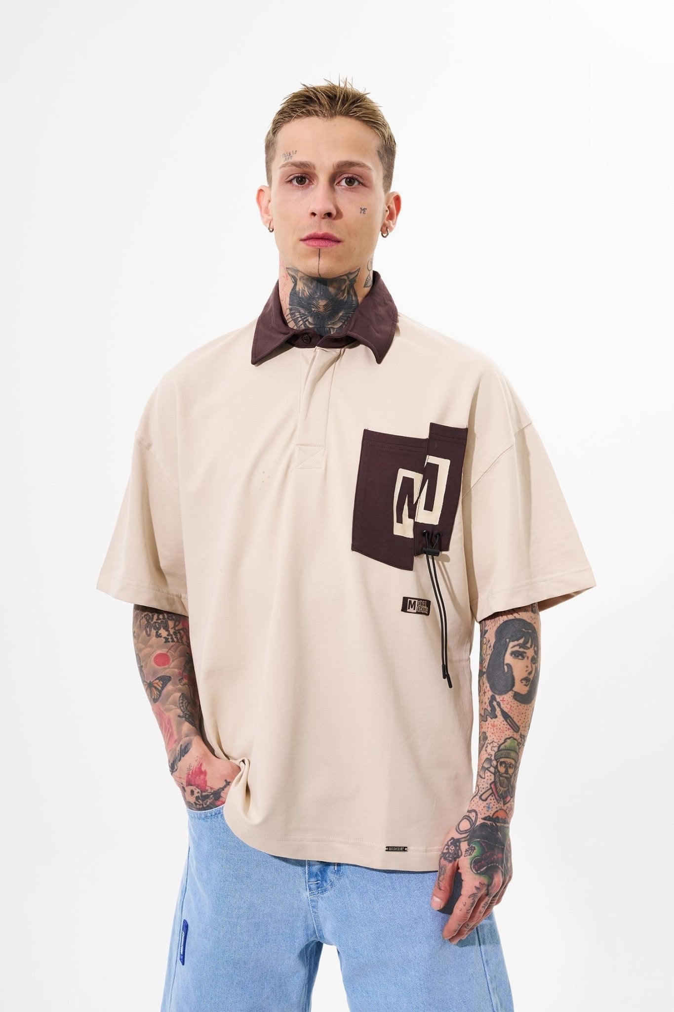 Erkek Constrast Pocket Oversize Polo Yaka Tişört Açık Bej