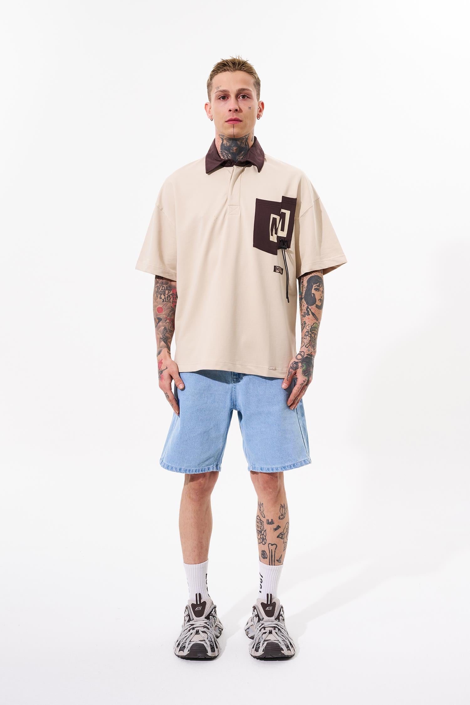 Erkek Constrast Pocket Oversize Polo Yaka Tişört Açık Bej