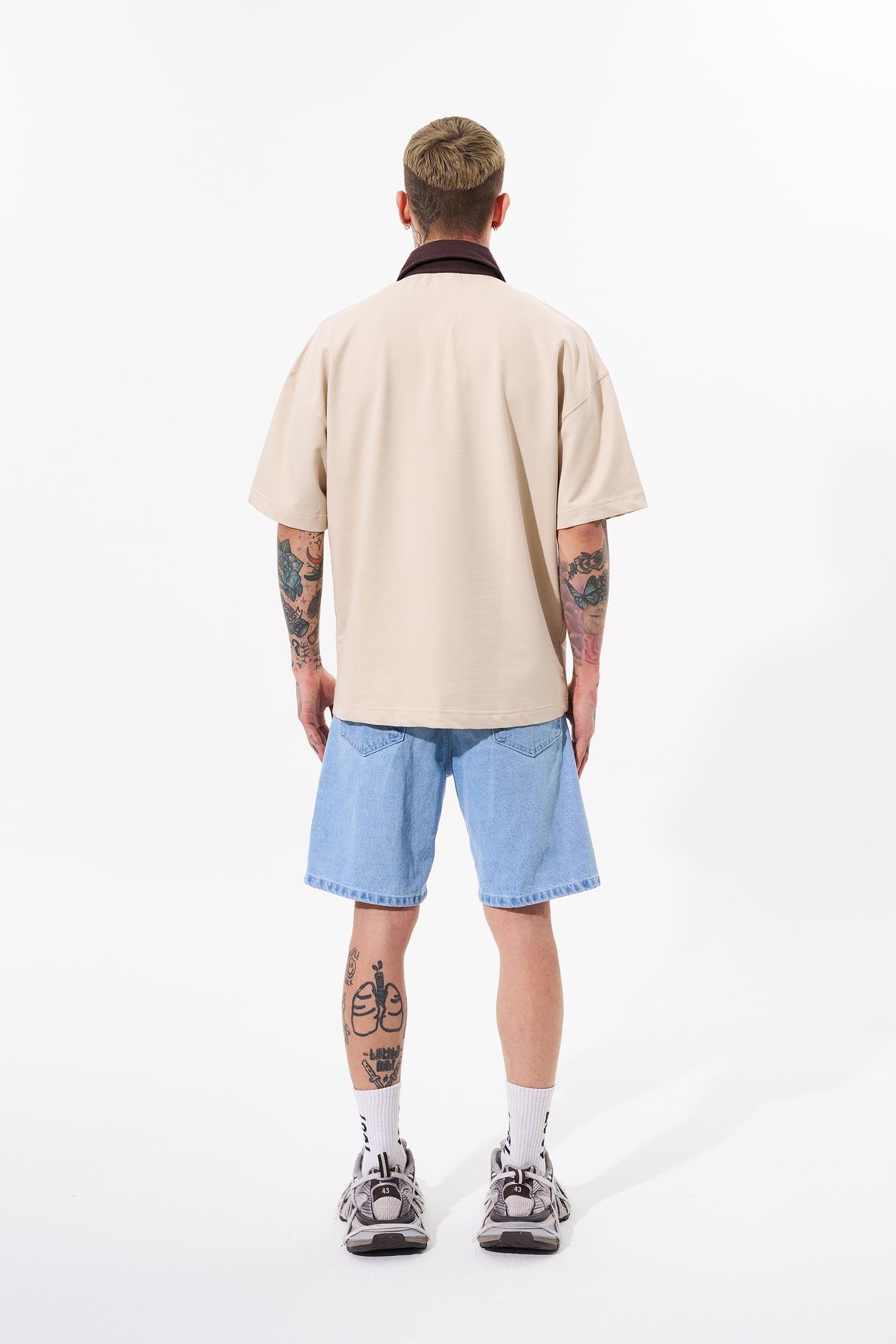 Erkek Constrast Pocket Oversize Polo Yaka Tişört Açık Bej