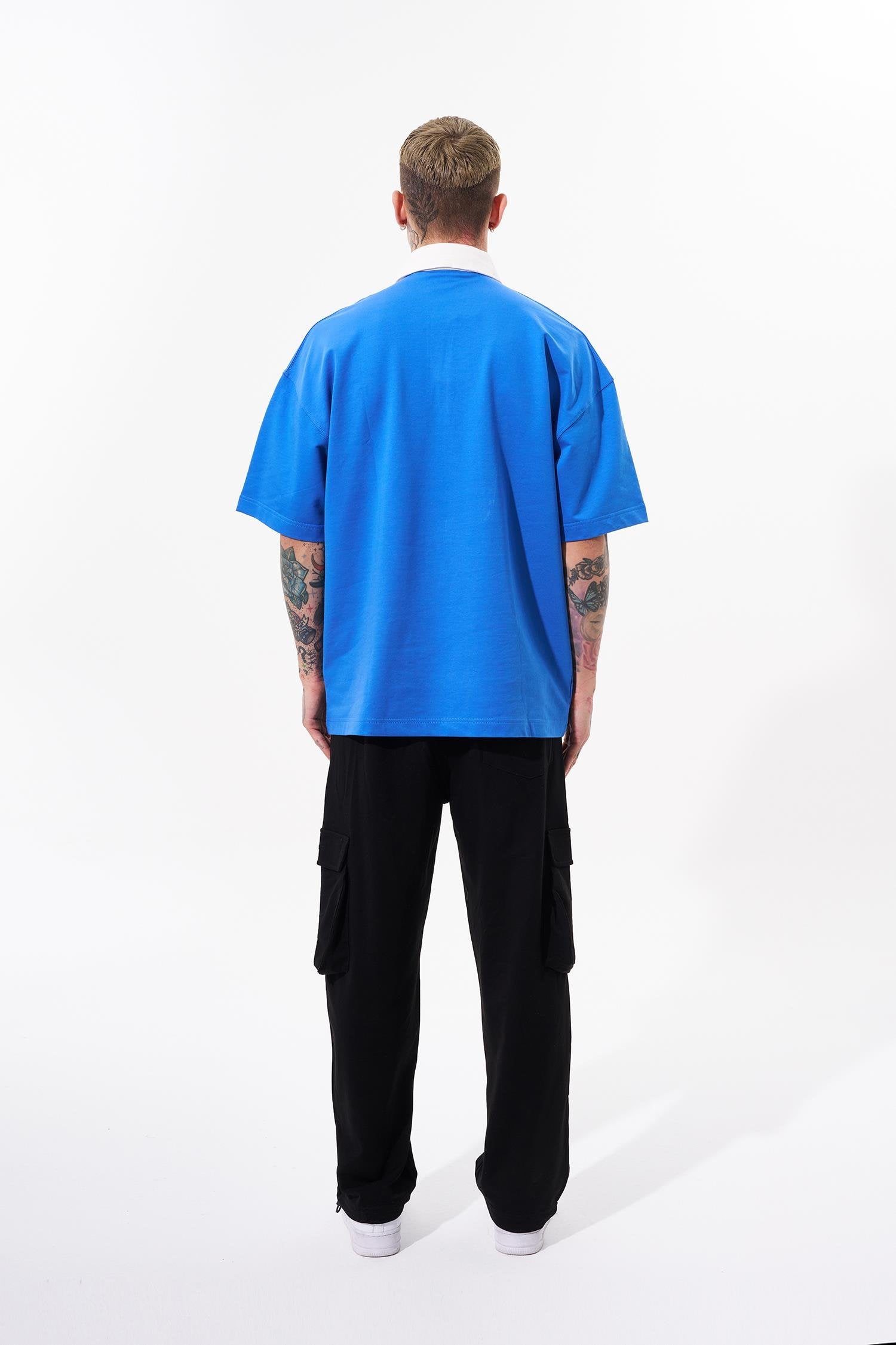 Erkek Constrast Pocket Oversize Polo Yaka Tişört Açık Mavi