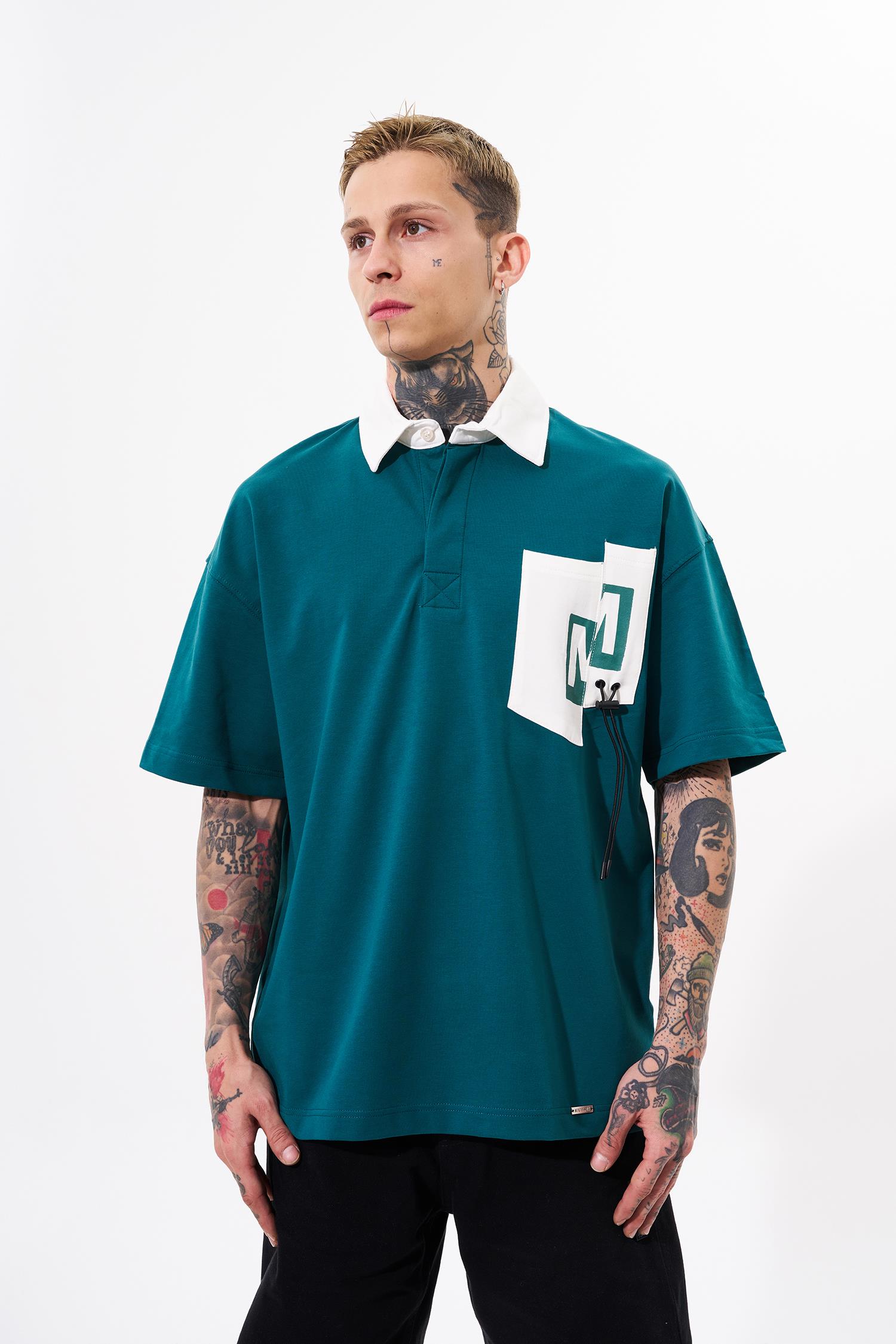 Erkek Constrast Pocket Oversize Polo Yaka Tişört Yağ Yeşili
