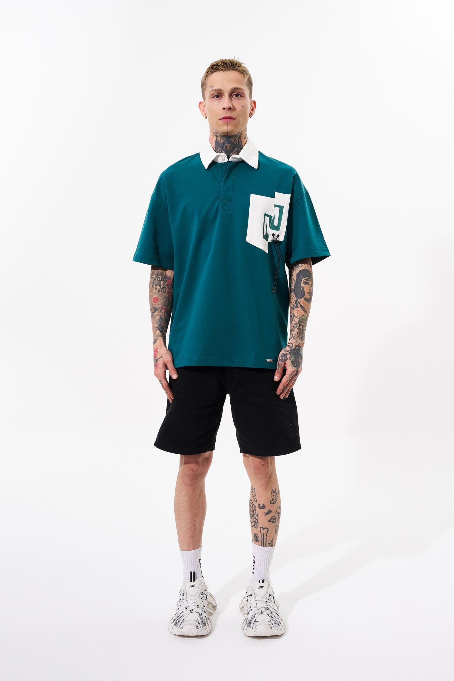 Erkek Constrast Pocket Oversize Polo Yaka Tişört Yağ Yeşili