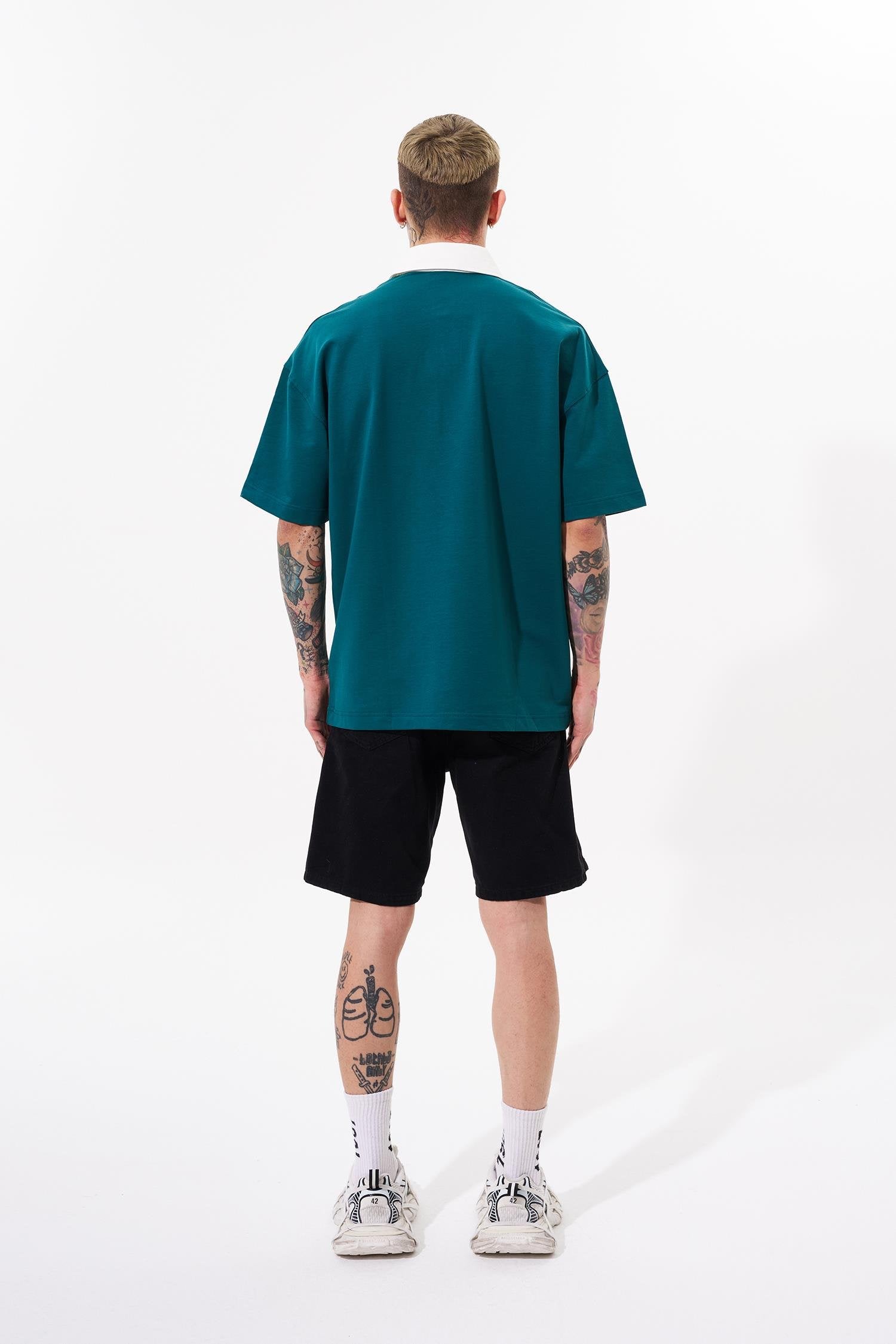 Erkek Constrast Pocket Oversize Polo Yaka Tişört Yağ Yeşili