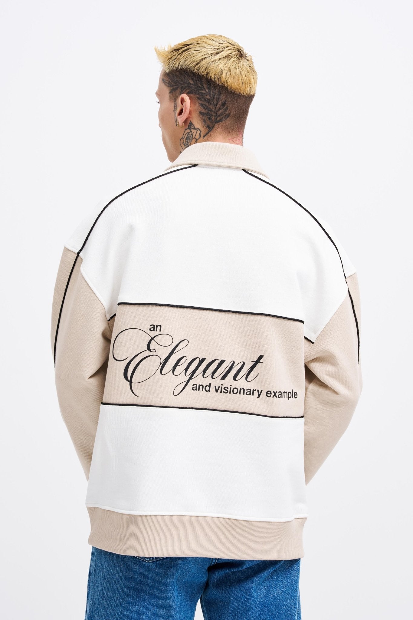 Erkek Contrast and Piped Polo Sweatshirt Ekru - Açık Bej