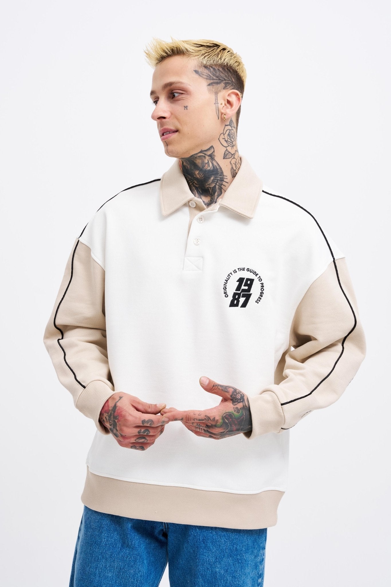 Erkek Contrast and Piped Polo Sweatshirt Ekru - Açık Bej