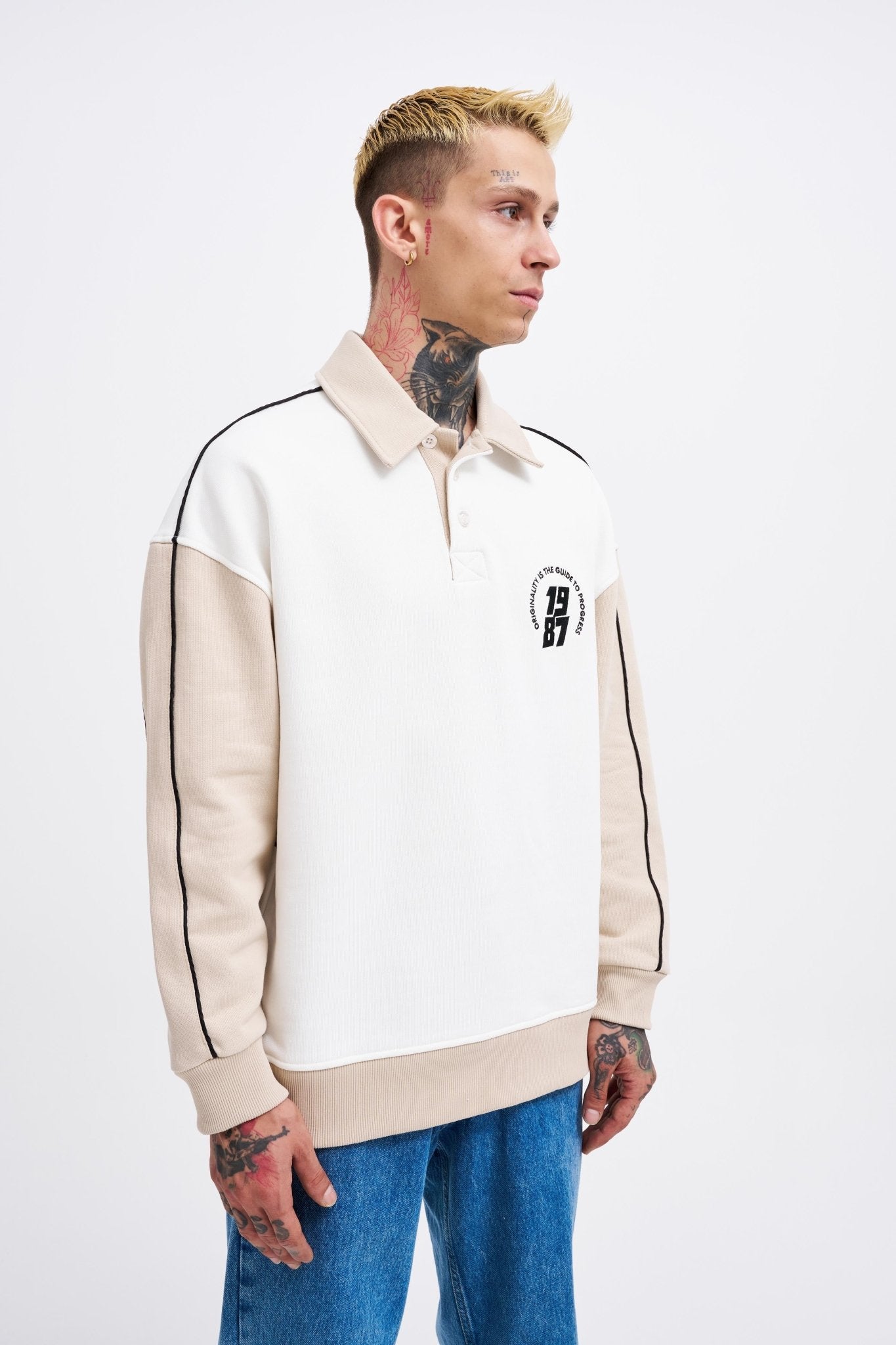 Erkek Contrast and Piped Polo Sweatshirt Ekru - Açık Bej