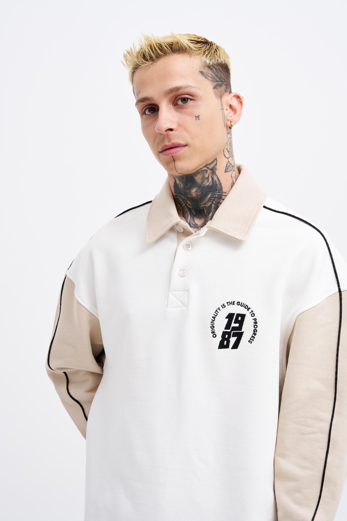 Erkek Contrast and Piped Polo Sweatshirt Ekru - Açık Bej