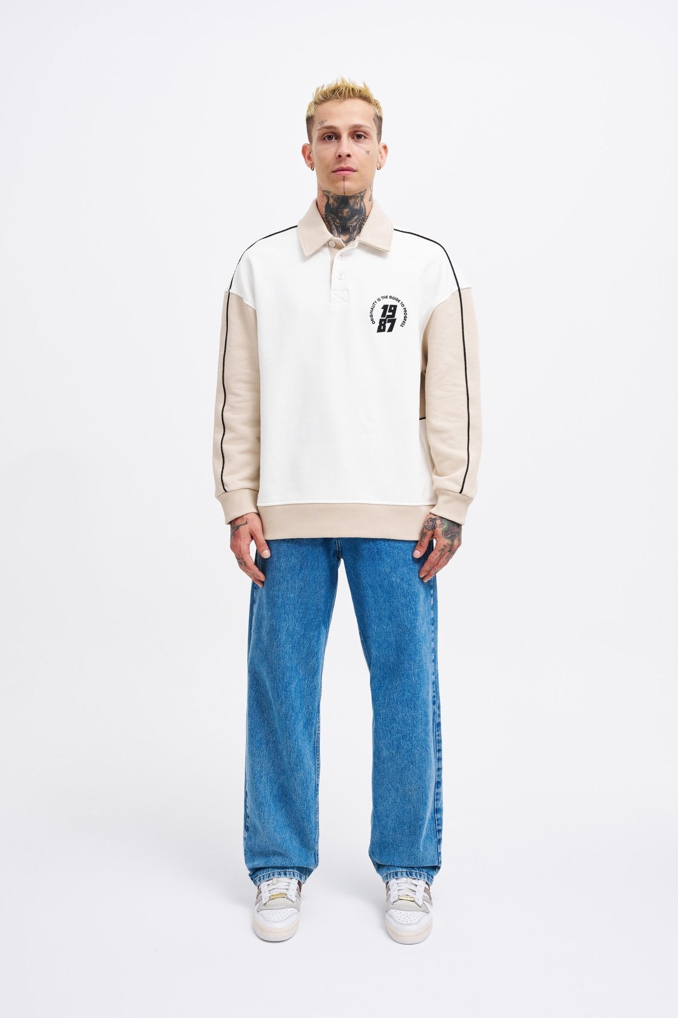 Erkek Contrast and Piped Polo Sweatshirt Ekru - Açık Bej