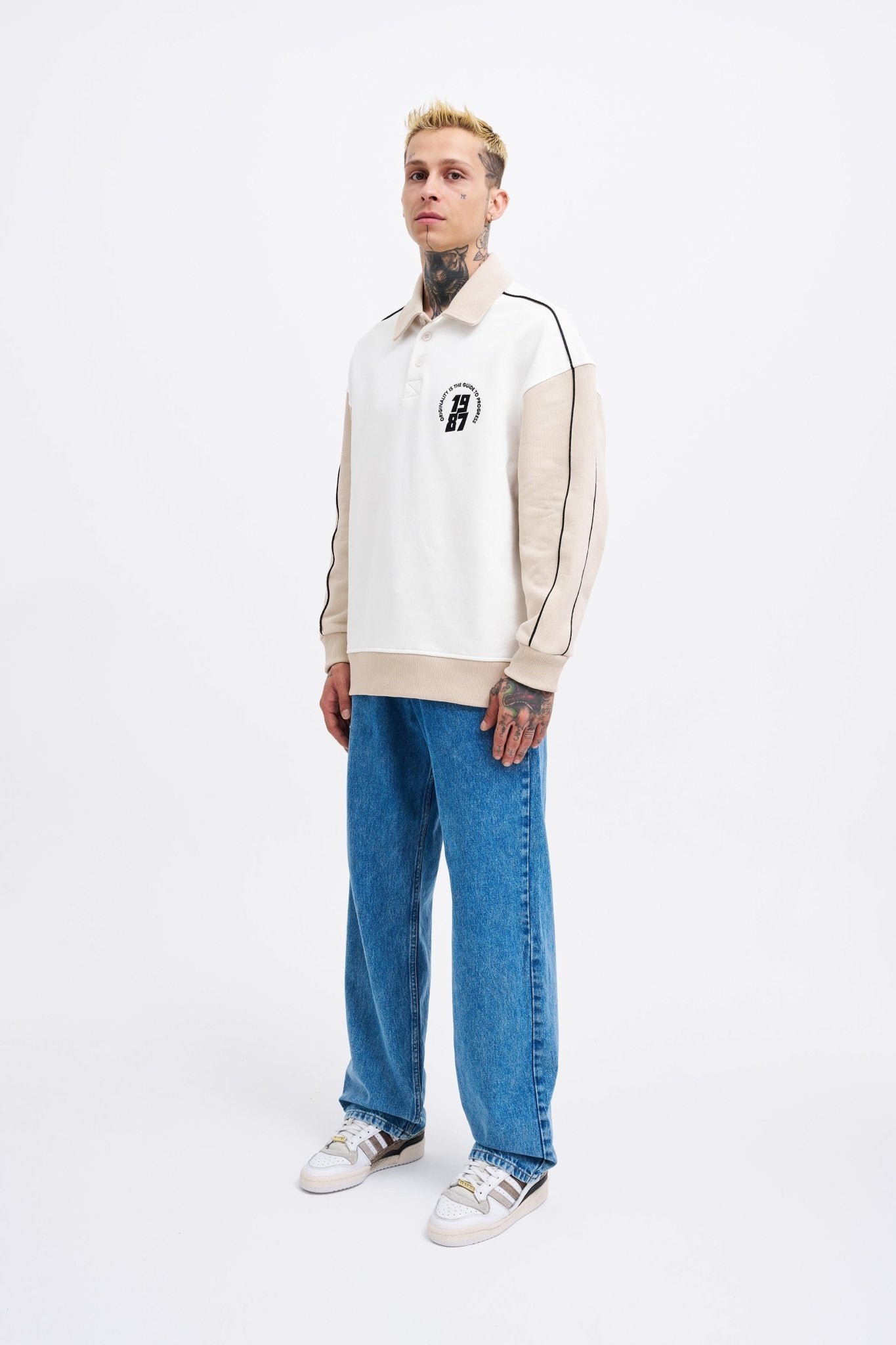 Erkek Contrast and Piped Polo Sweatshirt Ekru - Açık Bej