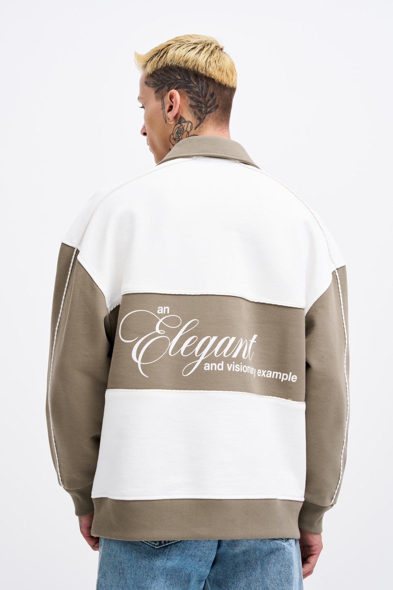 Erkek Contrast and Piped Polo Sweatshirt Ekru - Haki