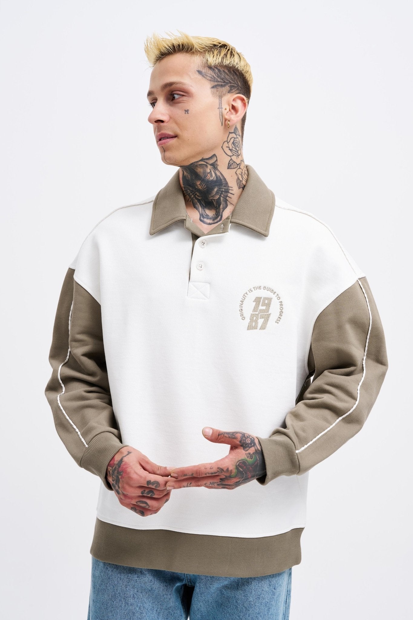 Erkek Contrast and Piped Polo Sweatshirt Ekru - Haki