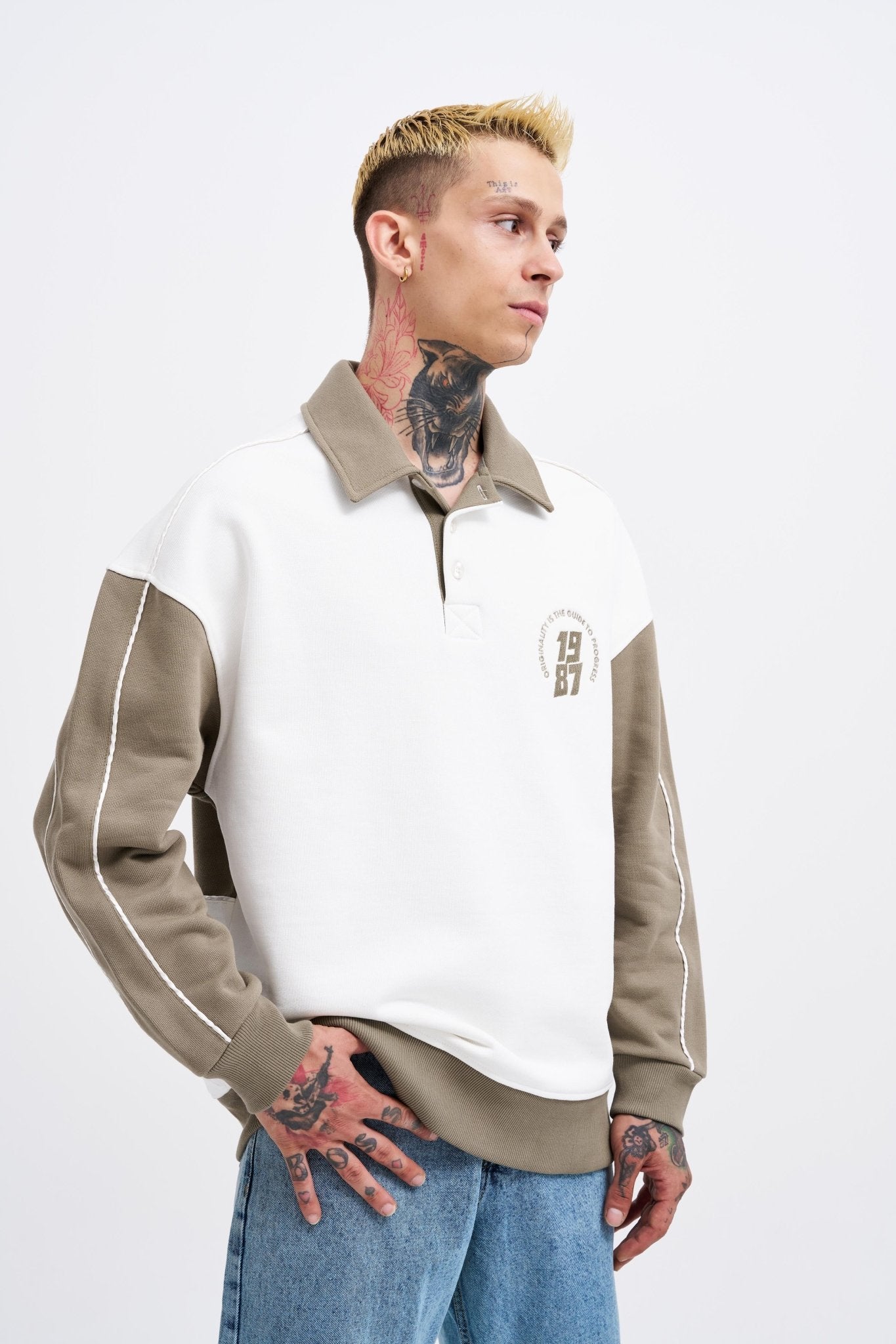 Erkek Contrast and Piped Polo Sweatshirt Ekru - Haki