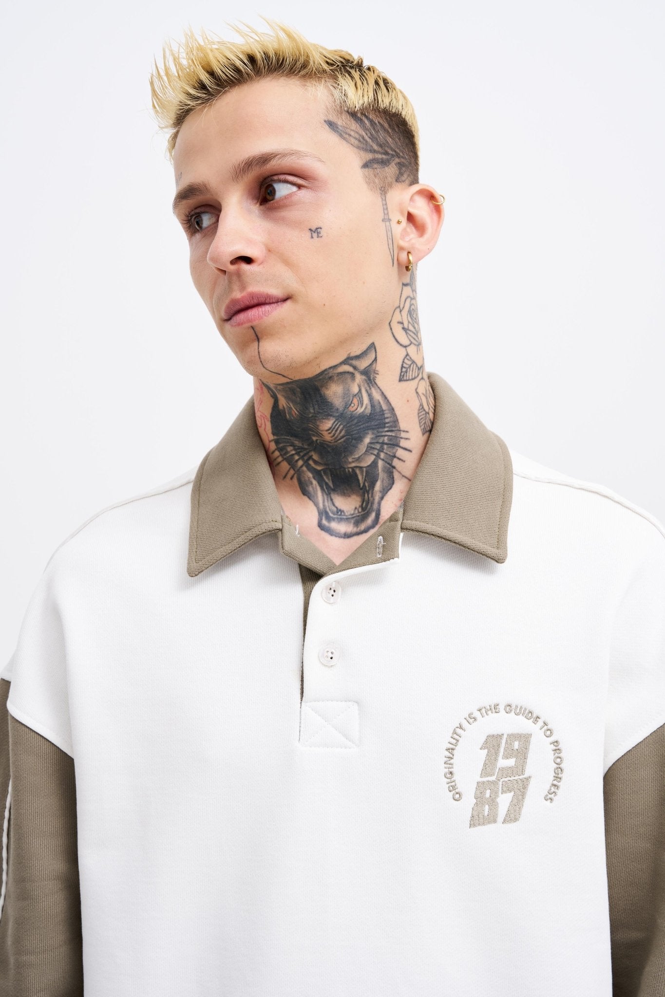Erkek Contrast and Piped Polo Sweatshirt Ekru - Haki