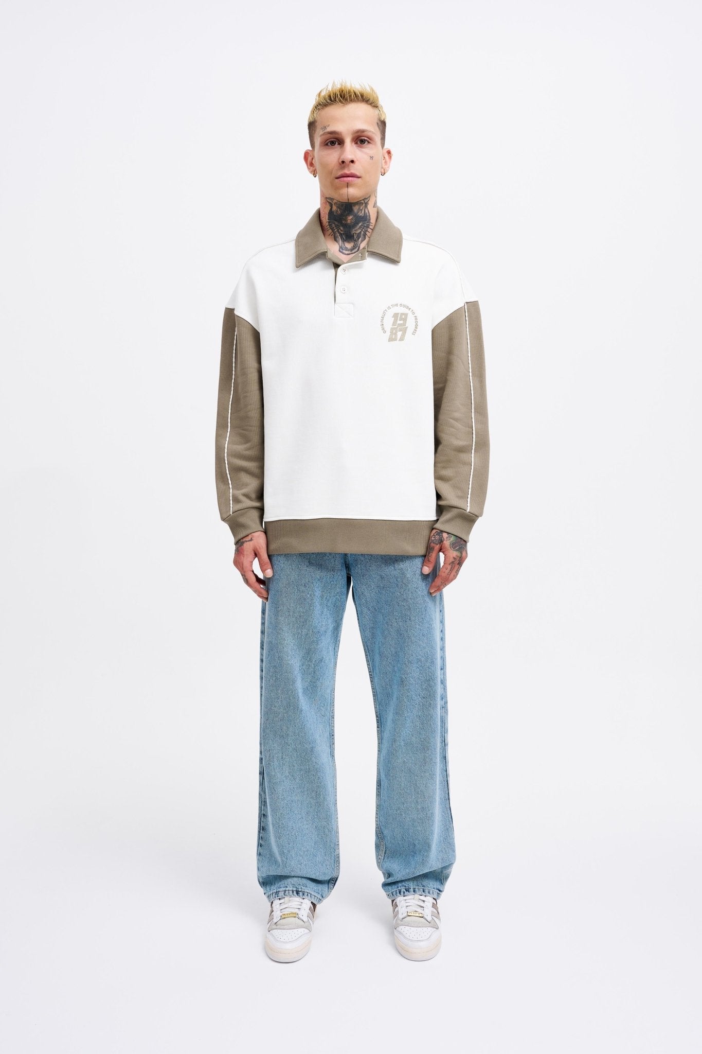 Erkek Contrast and Piped Polo Sweatshirt Ekru - Haki