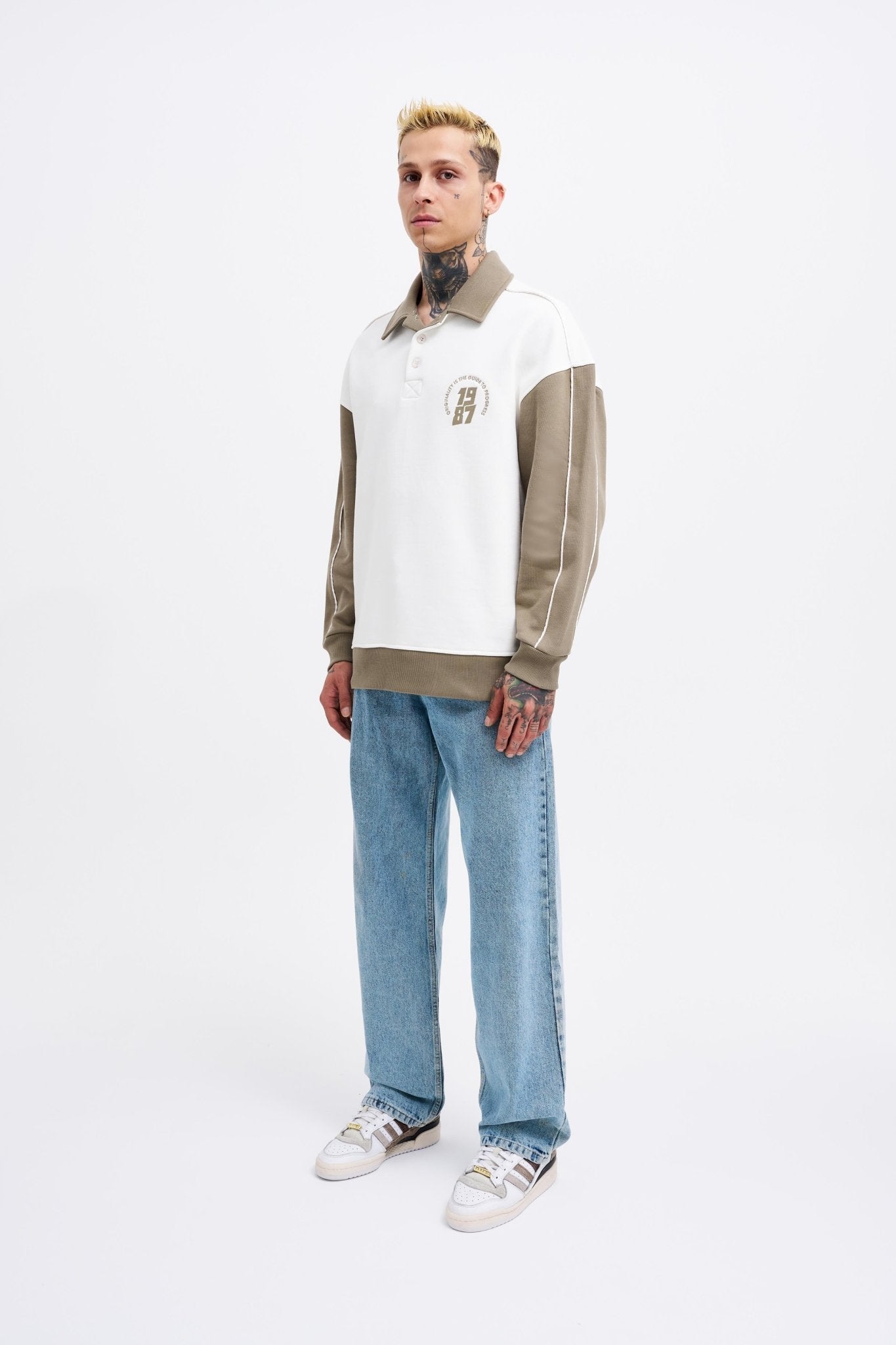 Erkek Contrast and Piped Polo Sweatshirt Ekru - Haki