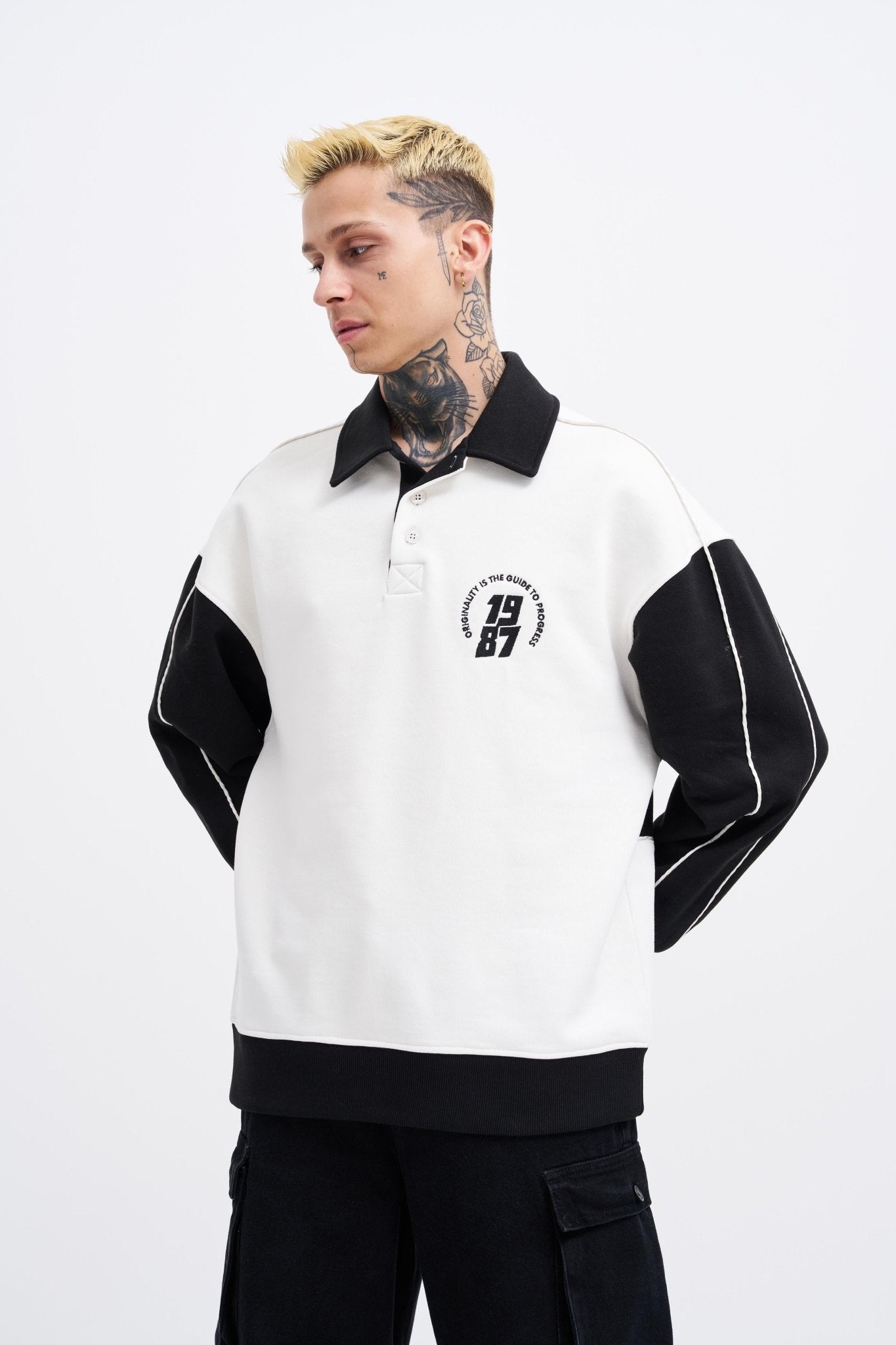 Erkek Contrast and Piped Polo Sweatshirt Ekru - Siyah